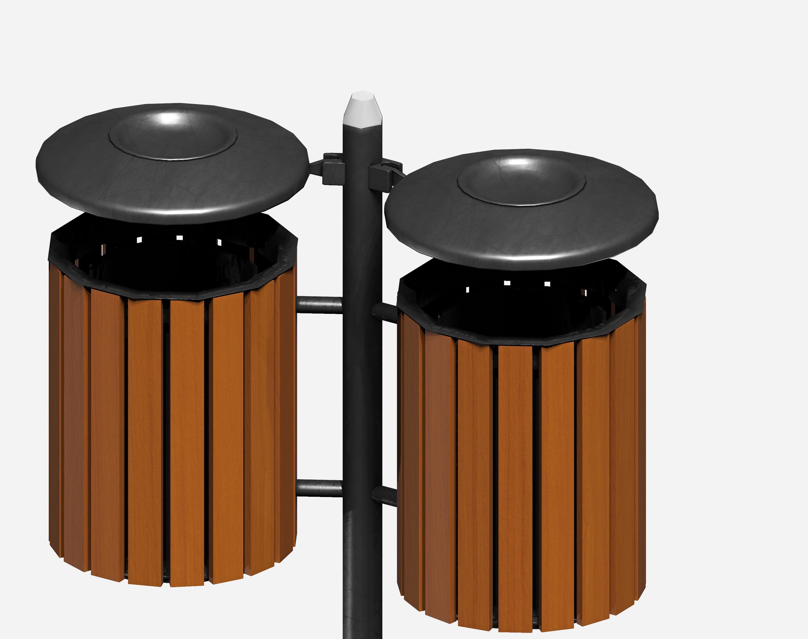 Double wooden circular cage  trash can with tap cover Low-poly 3D model_3