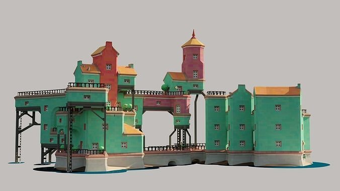 Low Poly 3d Cartoon City with Old house Low-poly 3D model 2