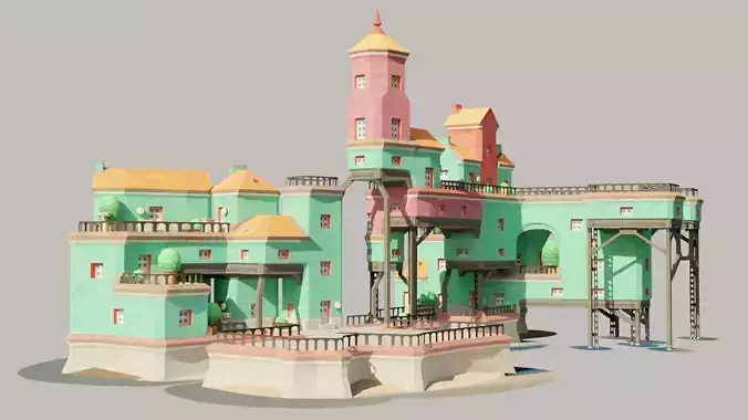 Low Poly 3d Cartoon City with Old house