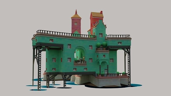 Low Poly 3d Cartoon City with Old house Low-poly 3D model 3
