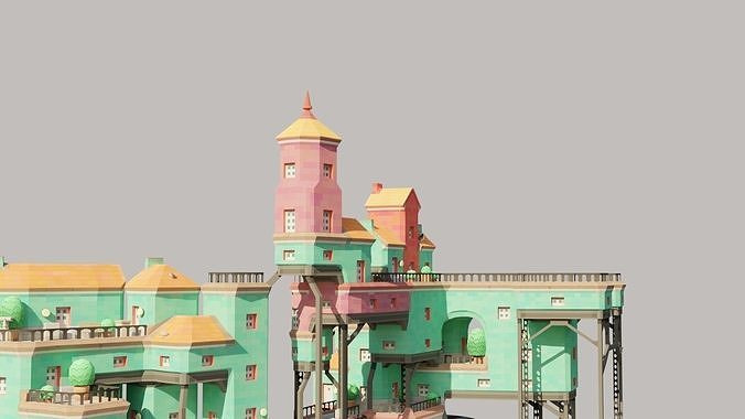Low Poly 3d Cartoon City with Old house Low-poly 3D model 6