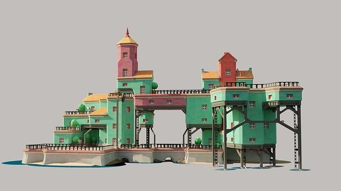 Low Poly 3d Cartoon City with Old house Low-poly 3D model 4