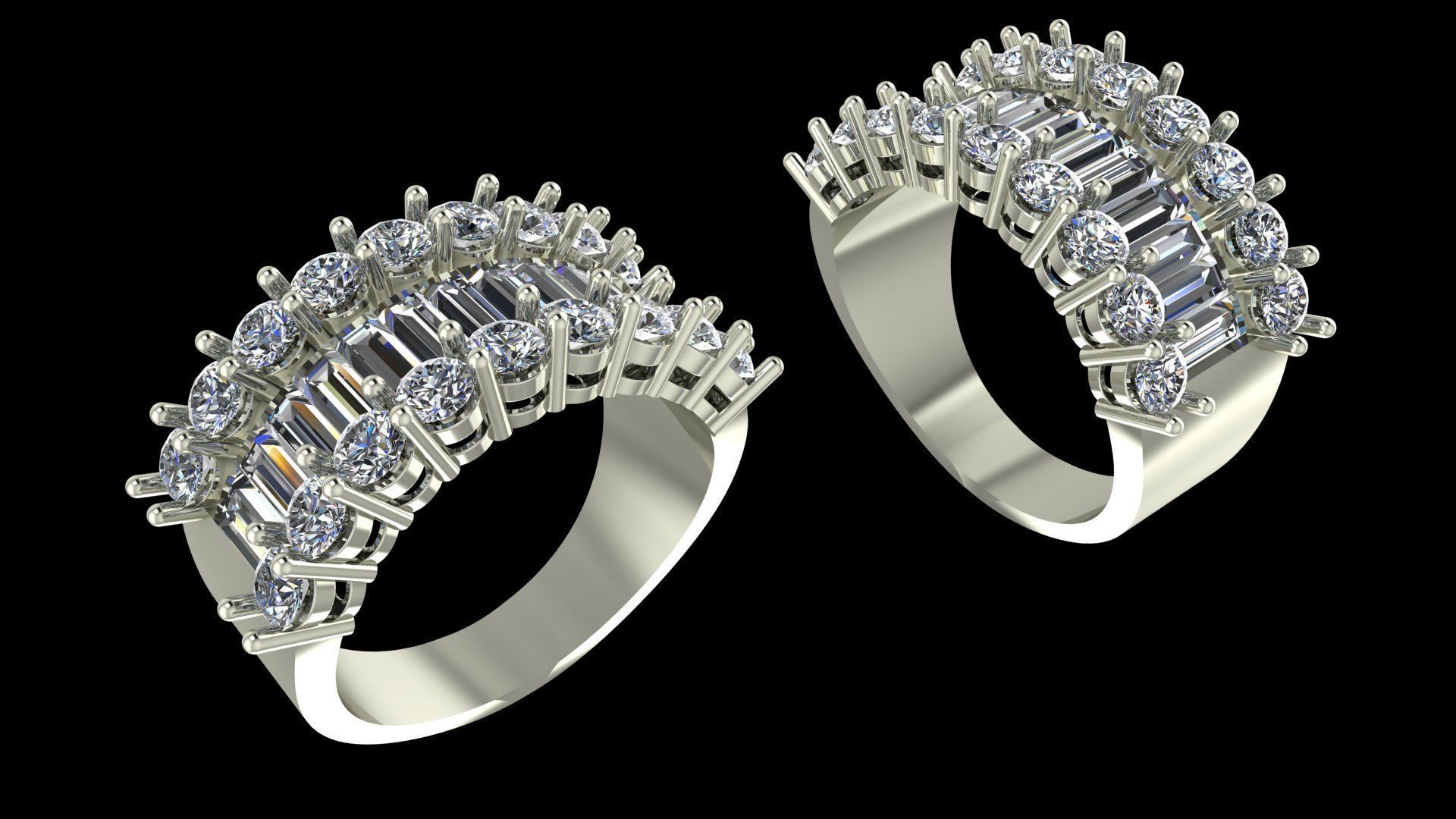 Luxury Wide Diamond Ring 3D Model Baguette and Round Cut Stones 3D print model_10