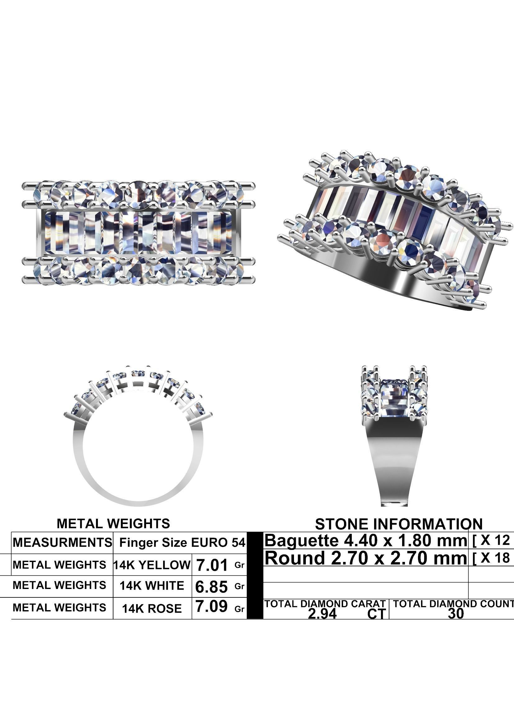 Luxury Wide Diamond Ring 3D Model Baguette and Round Cut Stones 3D print model_11