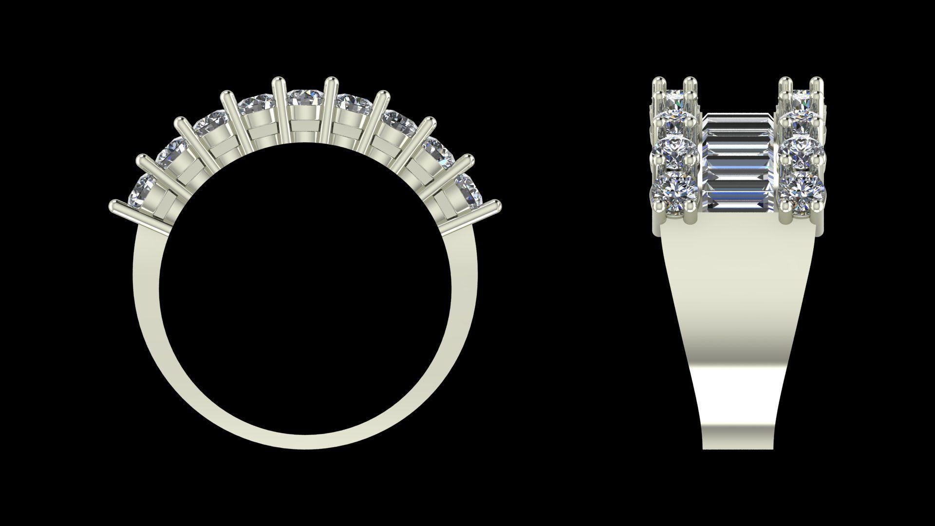 Luxury Wide Diamond Ring 3D Model Baguette and Round Cut Stones 3D print model_9