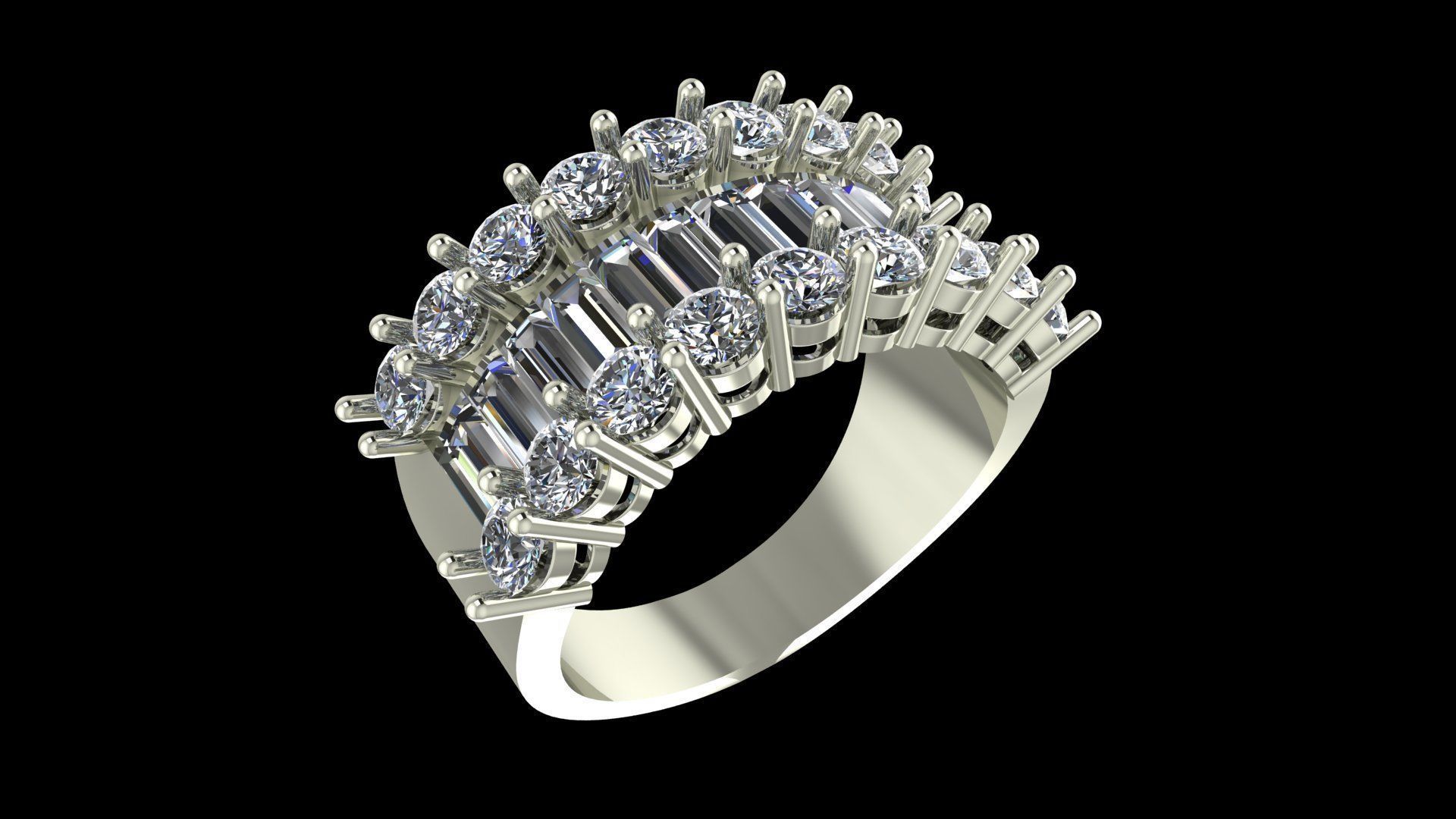 Luxury Wide Diamond Ring 3D Model Baguette and Round Cut Stones 3D print model_6
