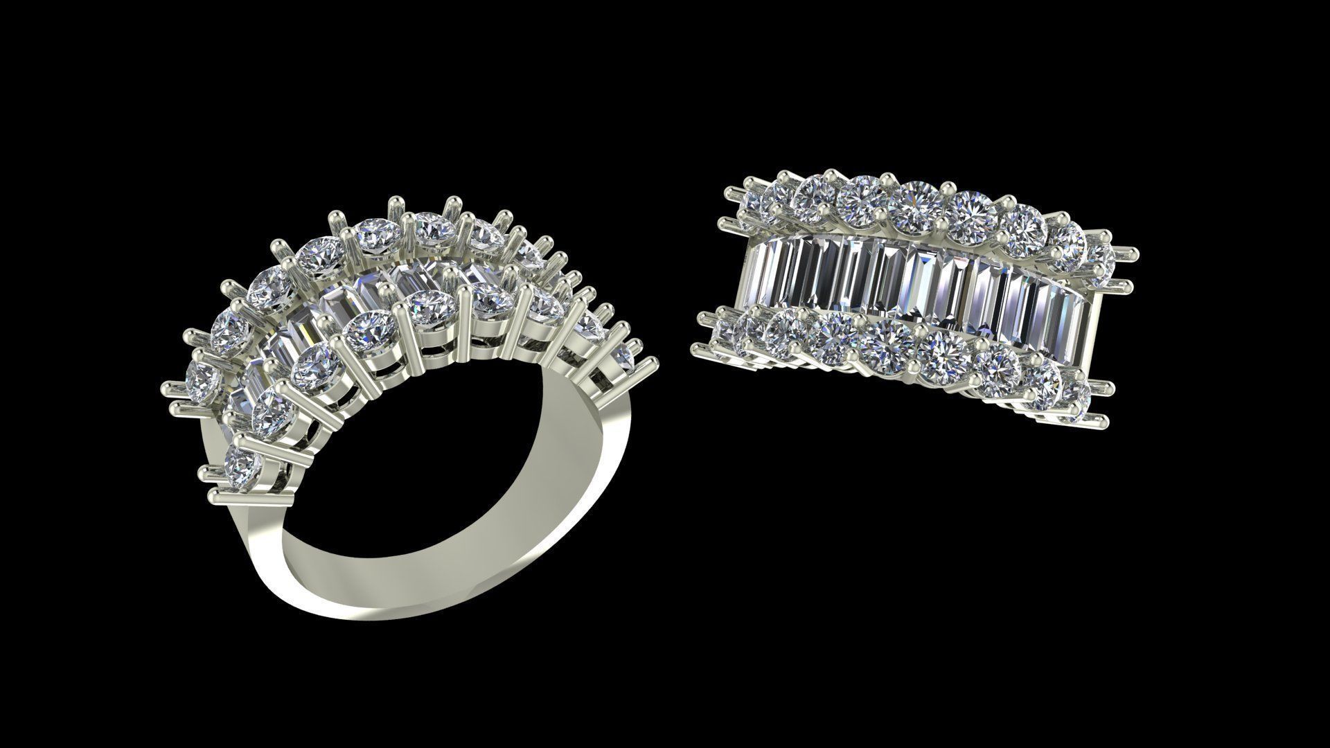 Luxury Wide Diamond Ring 3D Model Baguette and Round Cut Stones 3D print model_8