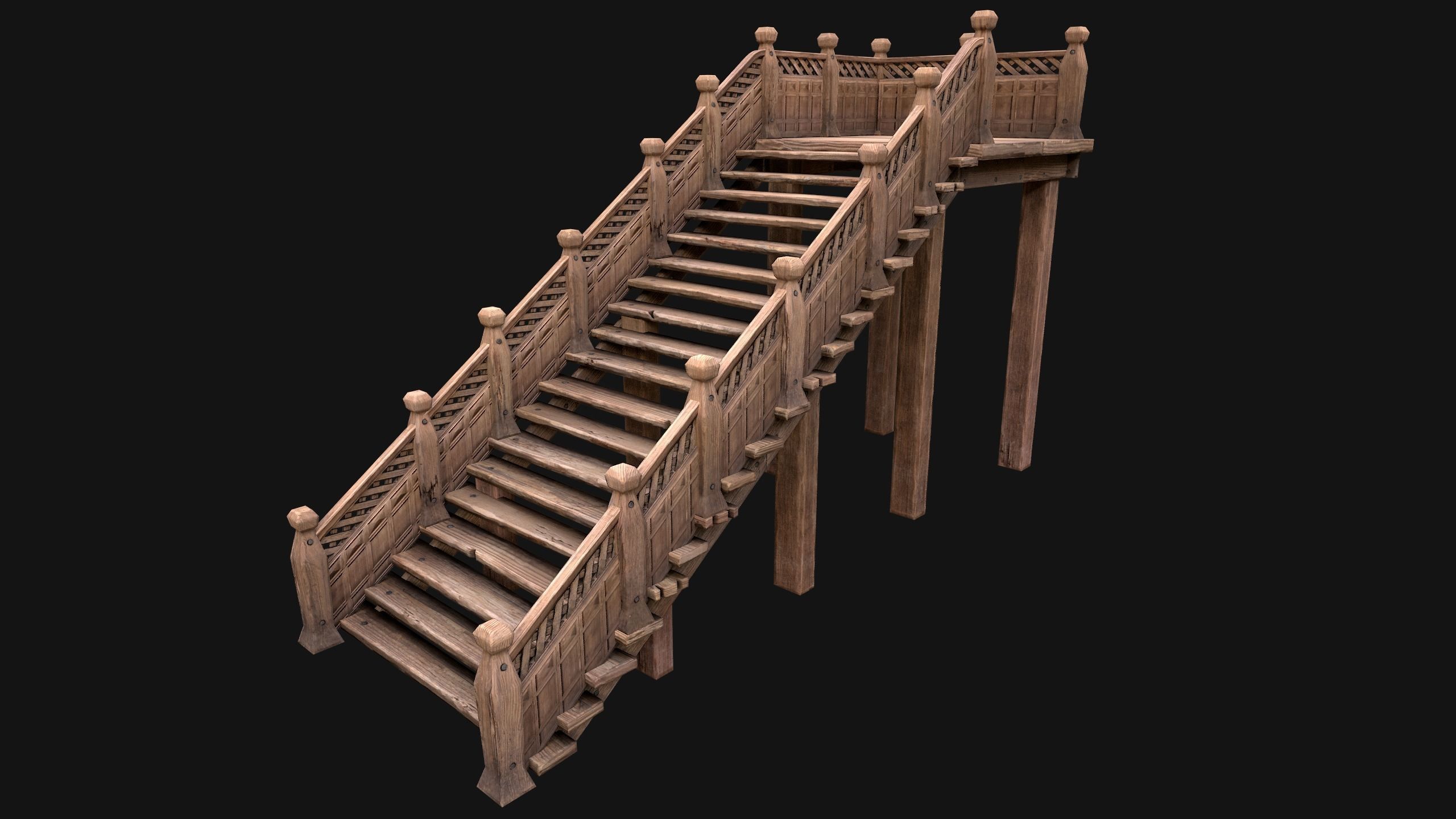 Wooden Stairs Medieval Low-poly 3D model_3