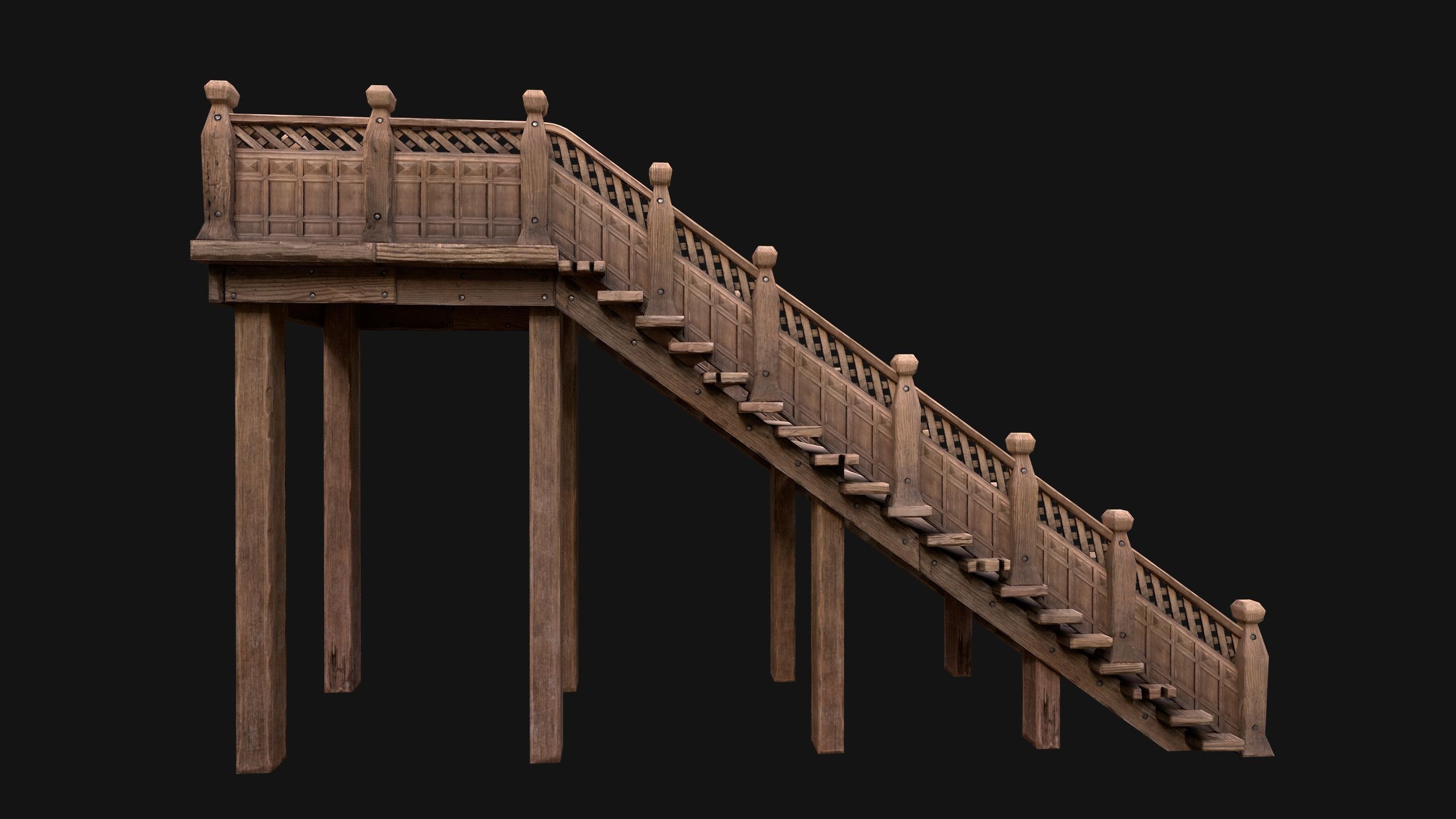 Wooden Stairs Medieval Low-poly 3D model_5