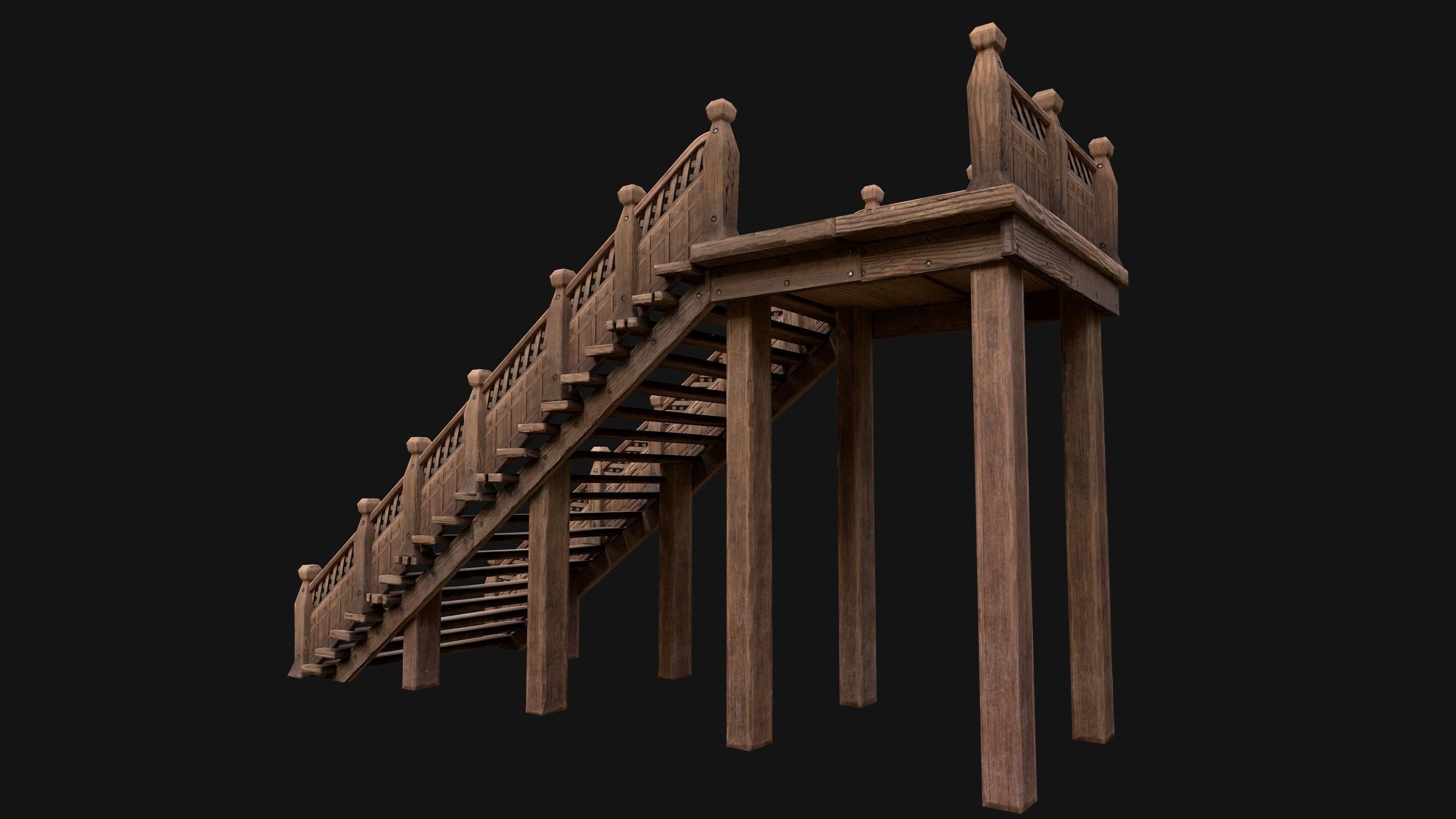 Wooden Stairs Medieval Low-poly 3D model_12