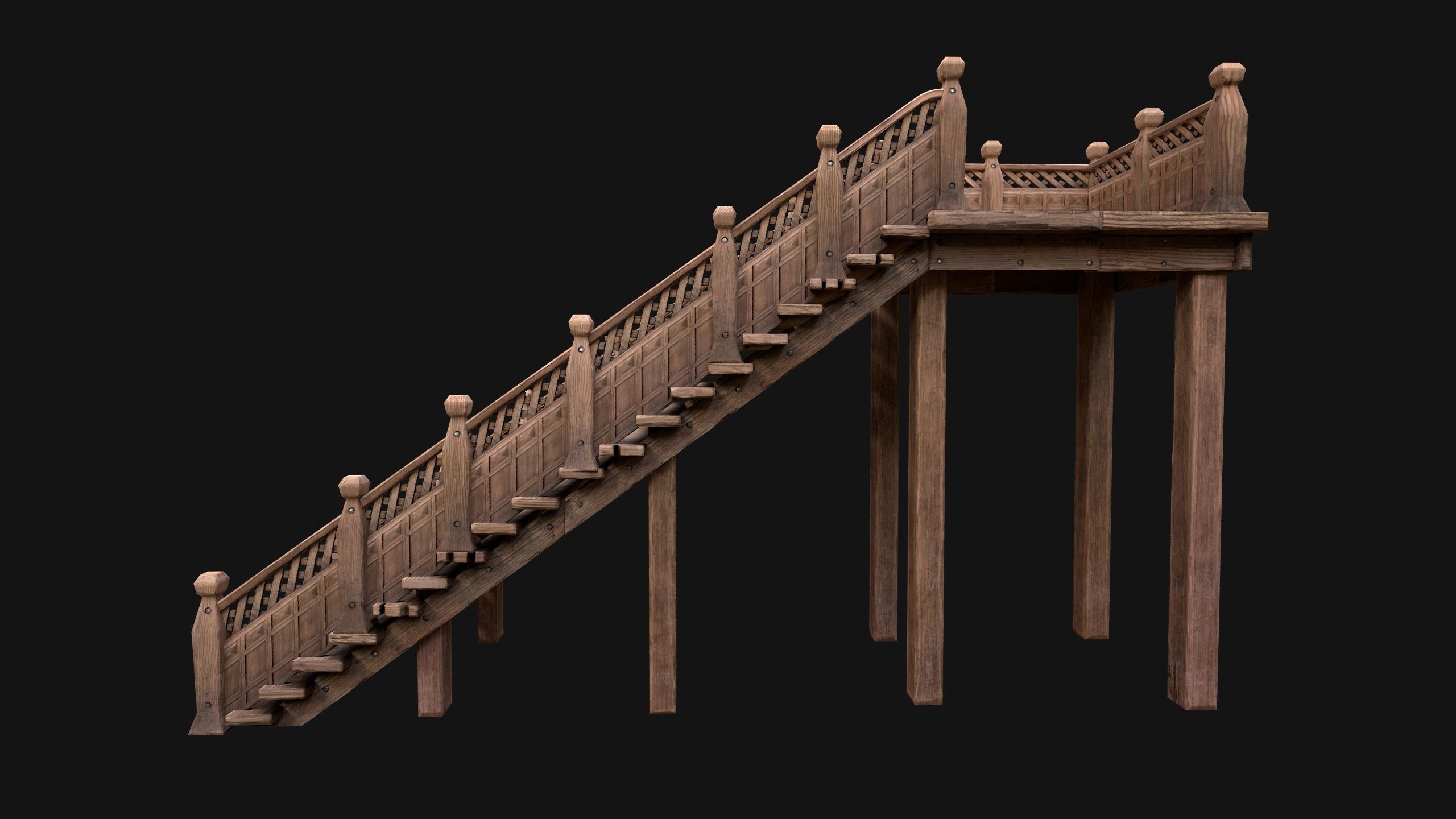 Wooden Stairs Medieval Low-poly 3D model_14