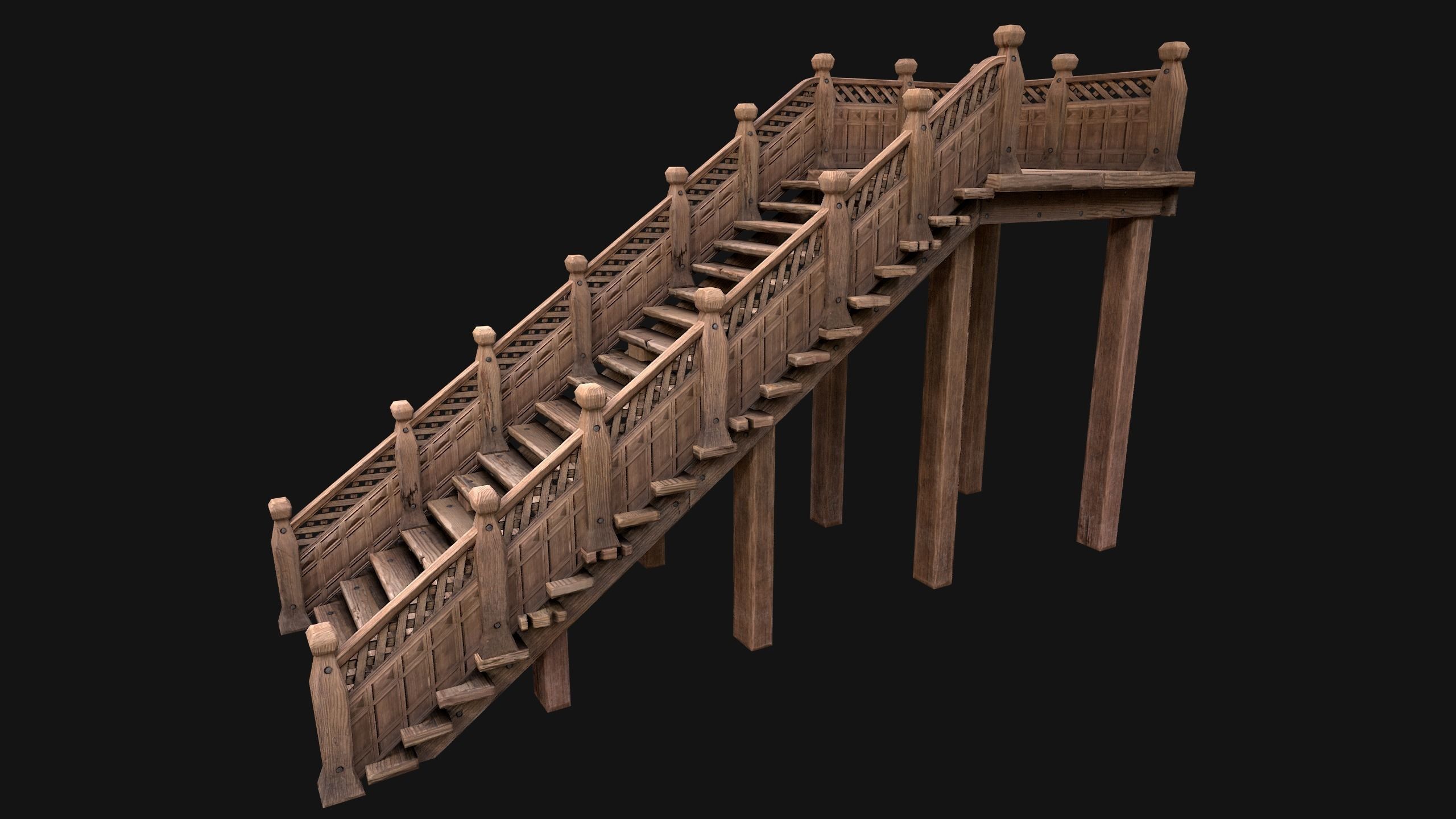 Wooden Stairs Medieval Low-poly 3D model_11