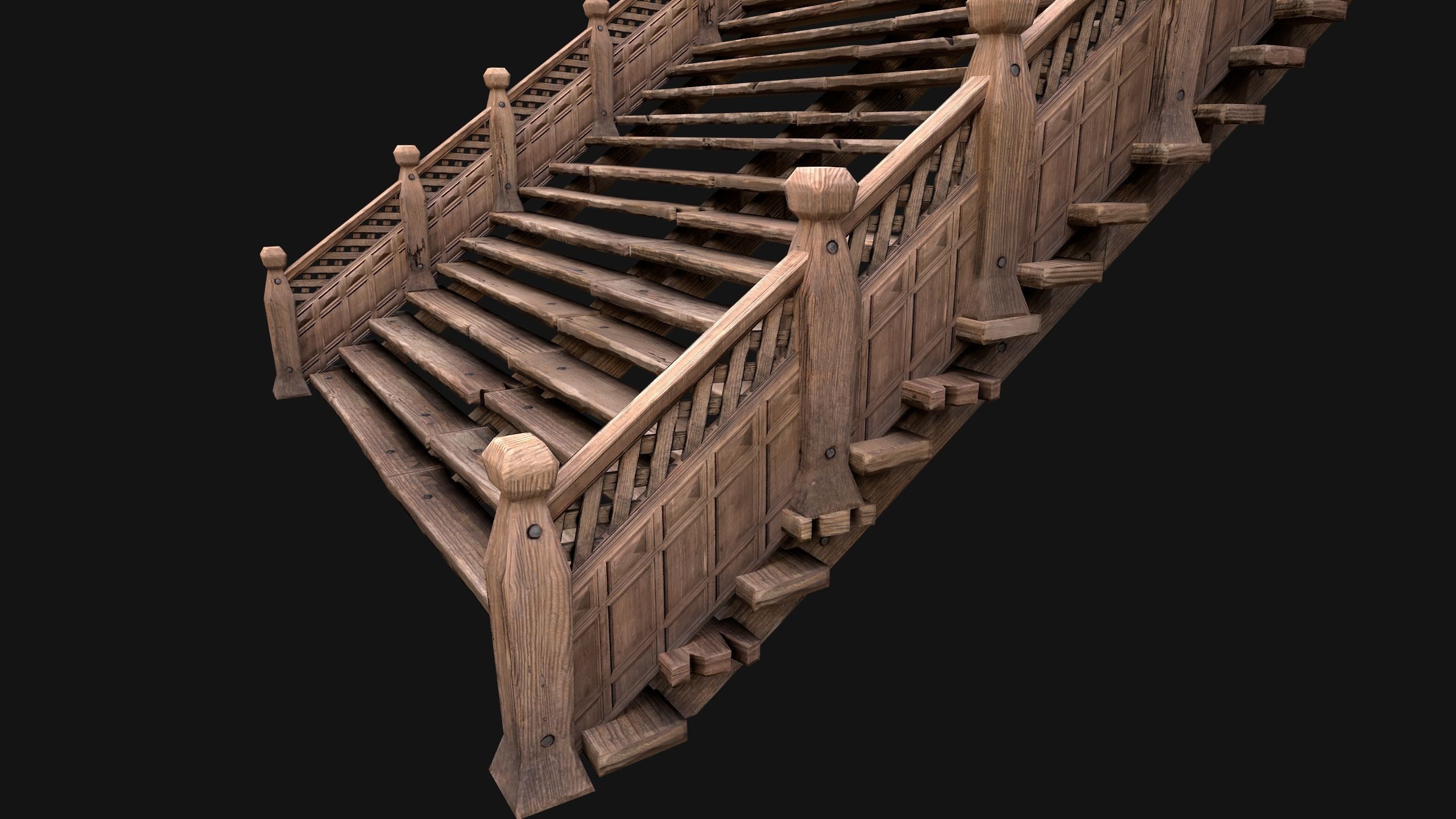 Large Medieval Wooden Staircase Low-poly 3D model_16