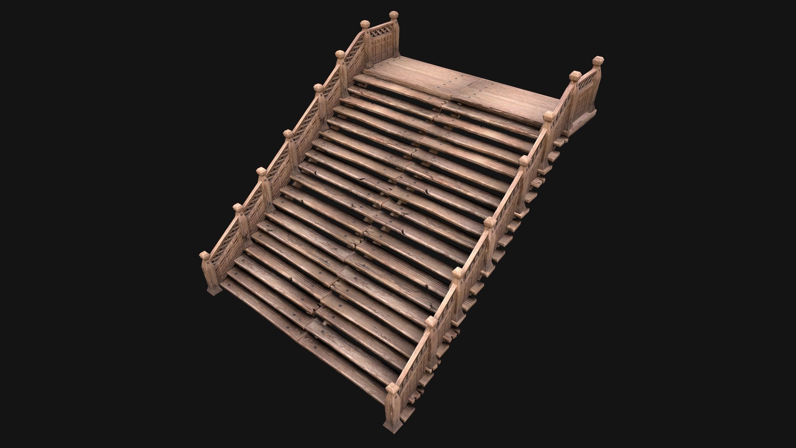 Large Medieval Wooden Staircase Low-poly 3D model_4