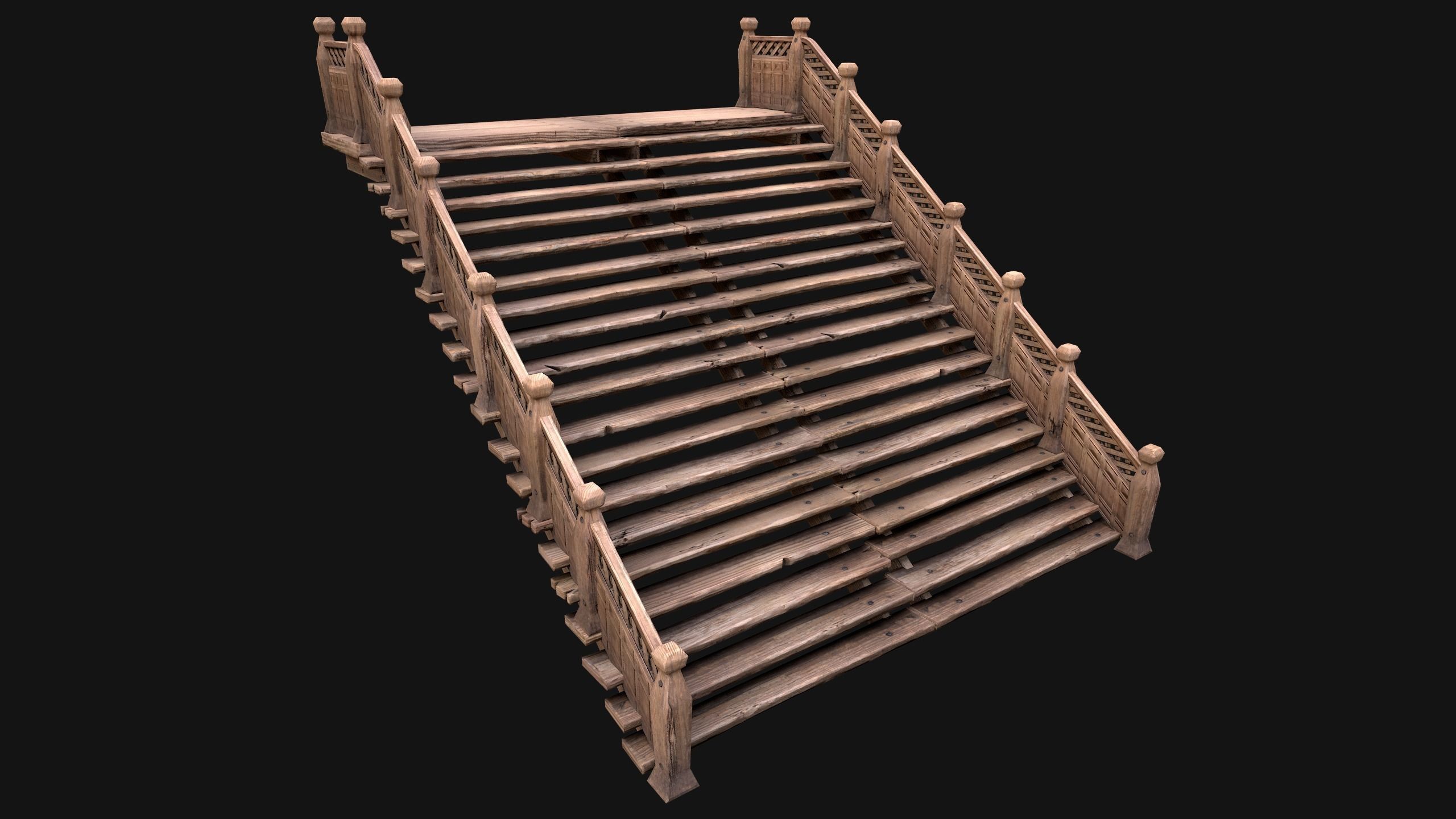 Large Medieval Wooden Staircase Low-poly 3D model_6
