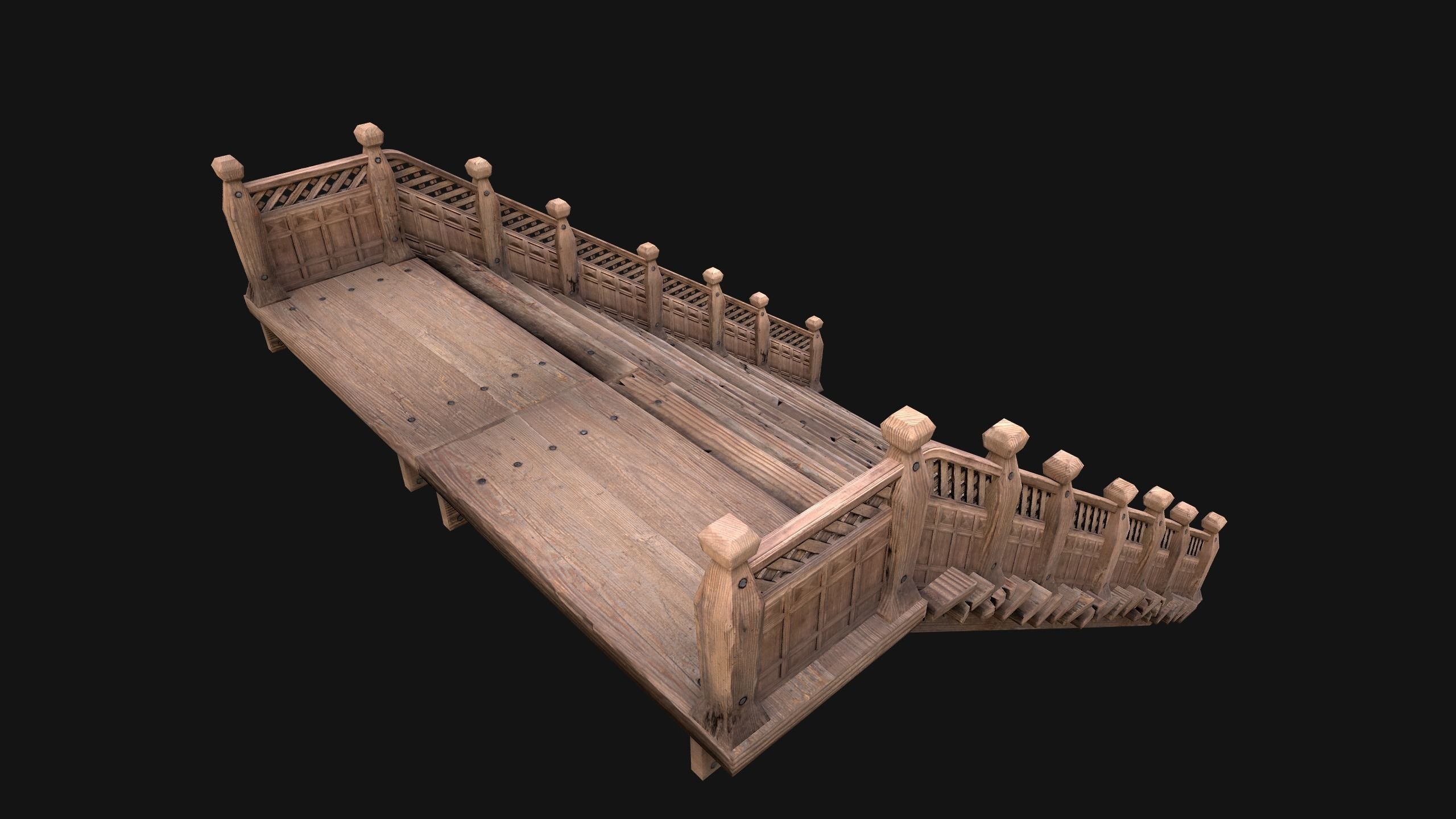 Large Medieval Wooden Staircase Low-poly 3D model_9