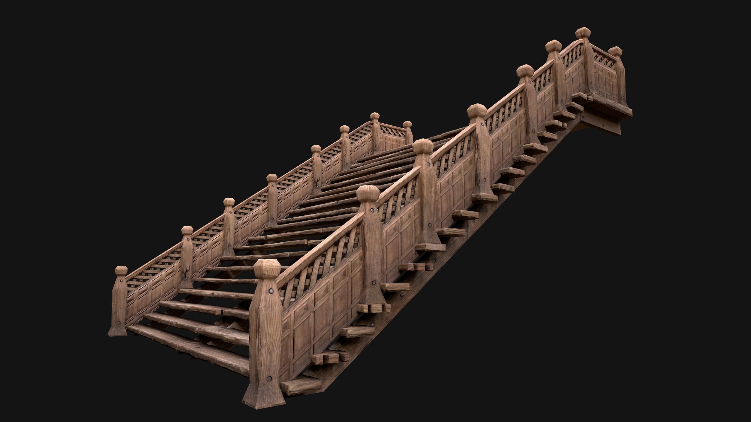 Large Medieval Wooden Staircase Low-poly 3D model_14