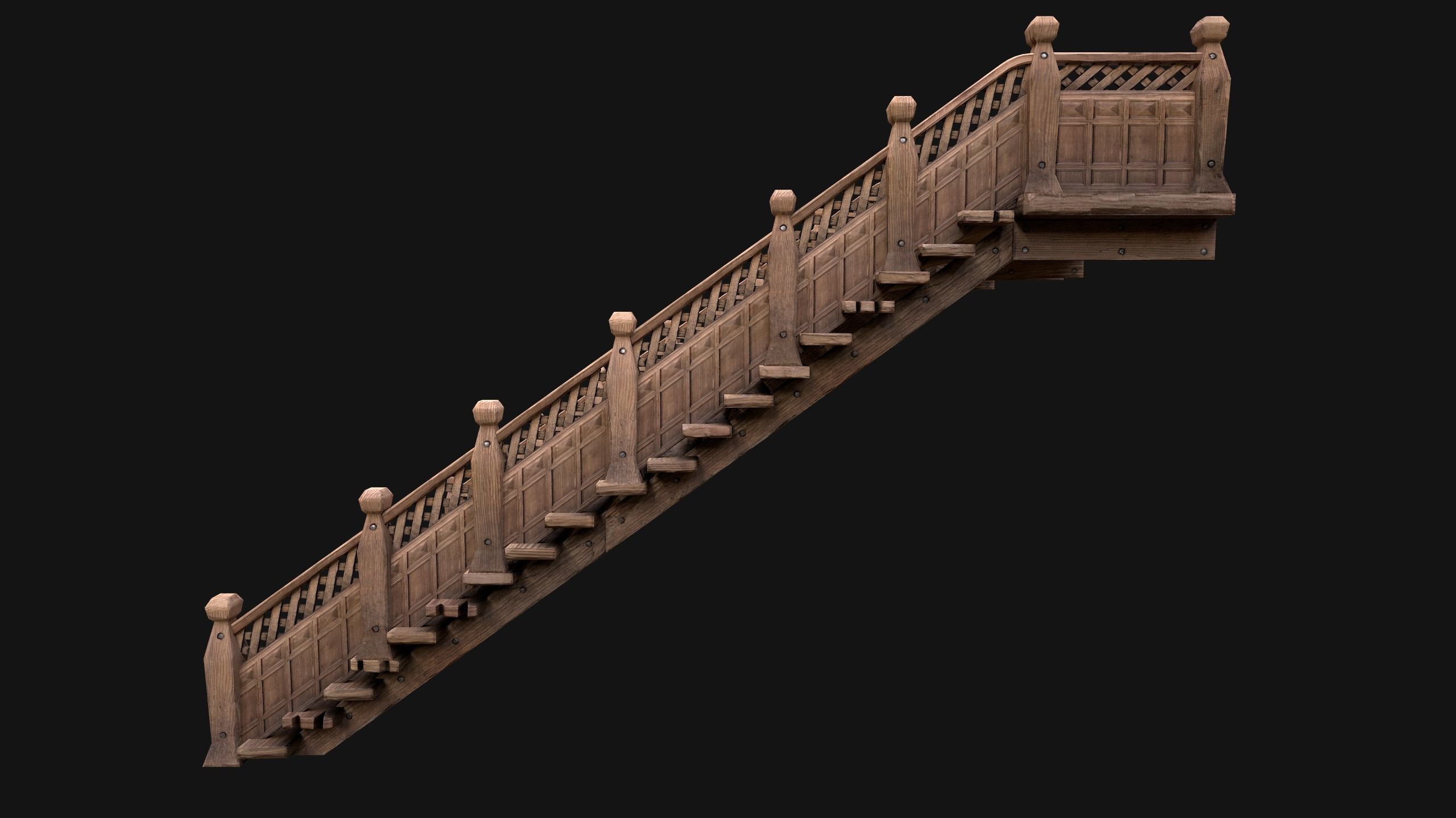 Large Medieval Wooden Staircase Low-poly 3D model_13