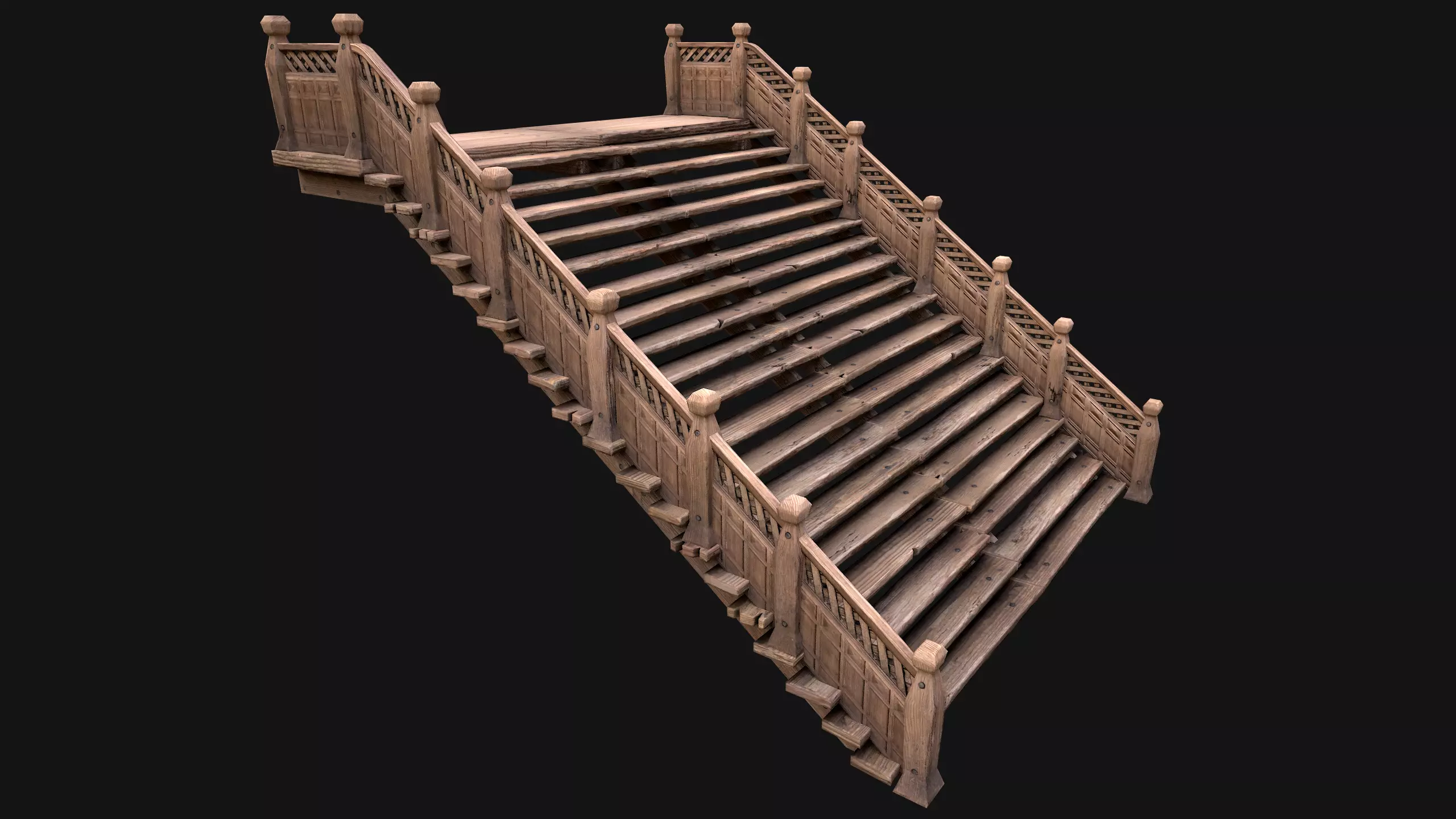 Large Medieval Wooden Staircase Low-poly 3D model_0