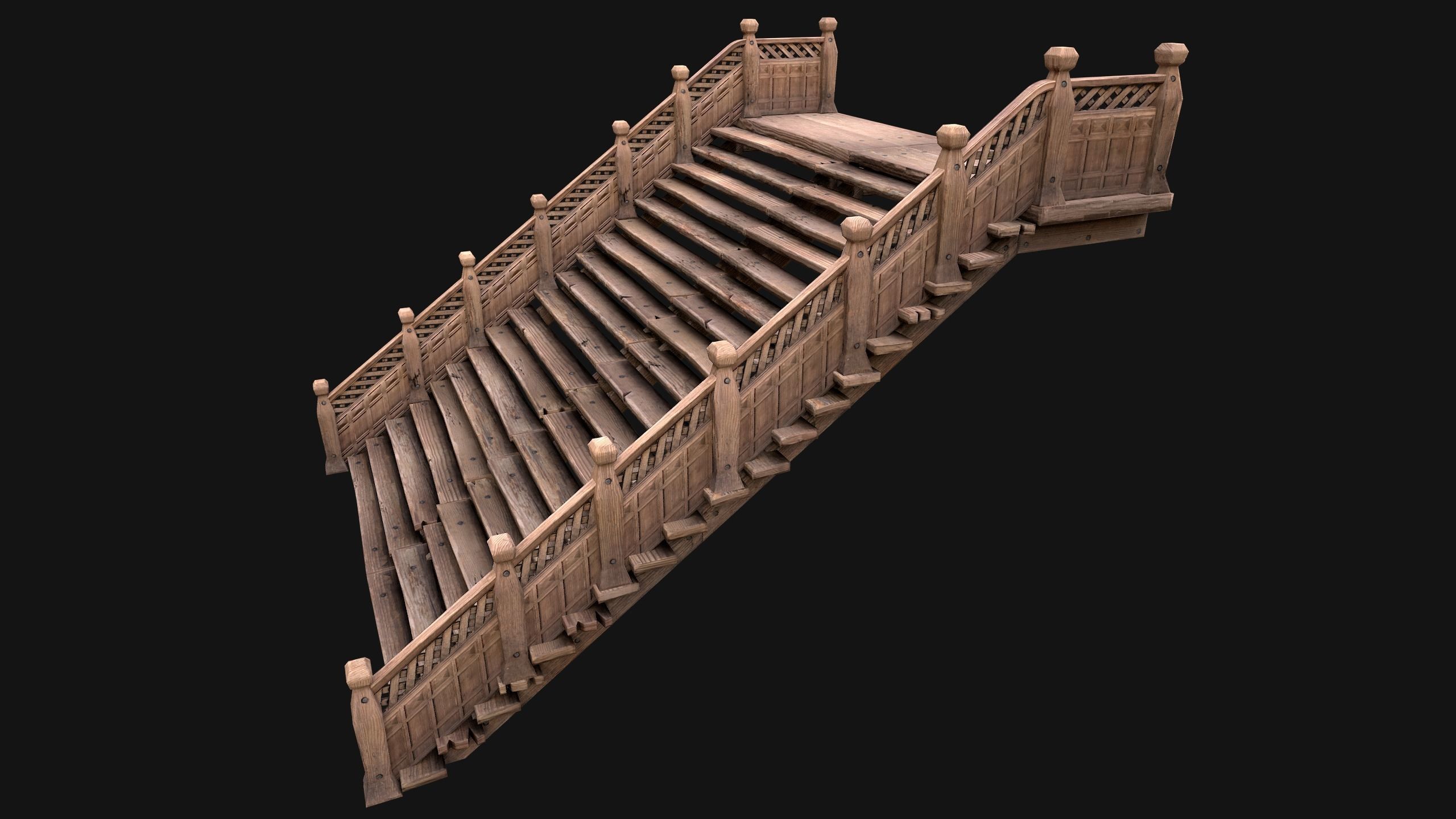 Large Medieval Wooden Staircase Low-poly 3D model_12
