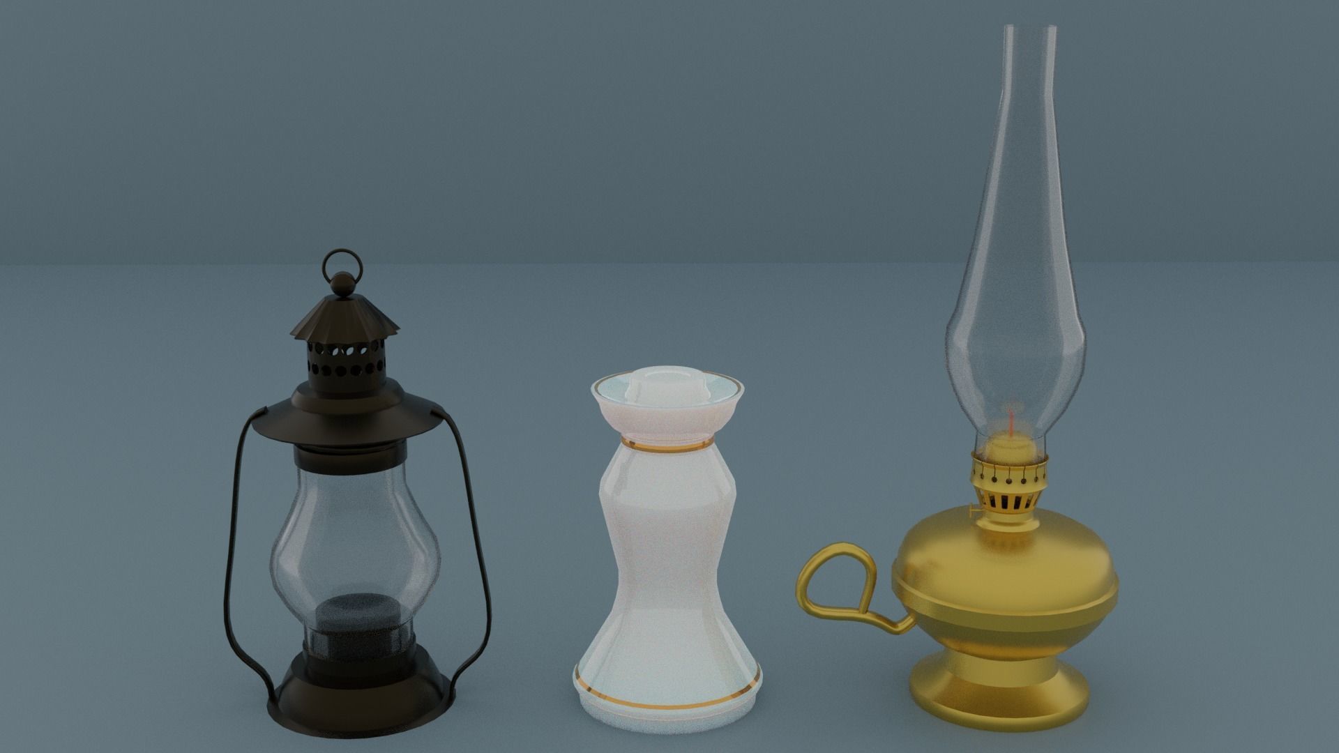 Set of candlestick lantern and kerosene lamp 3D model_3