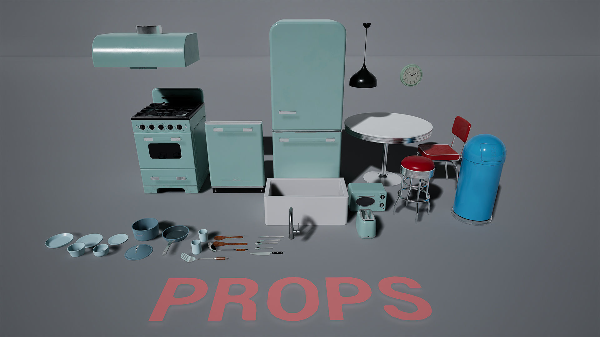 Retro Kitchen Modular Game Ready Asset Pack Low-poly 3D model_14