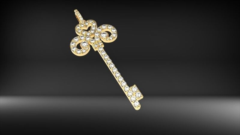 MicroPave Fleur De Lis Key Heart Pendant Necklace Jewelry 3D print model_6