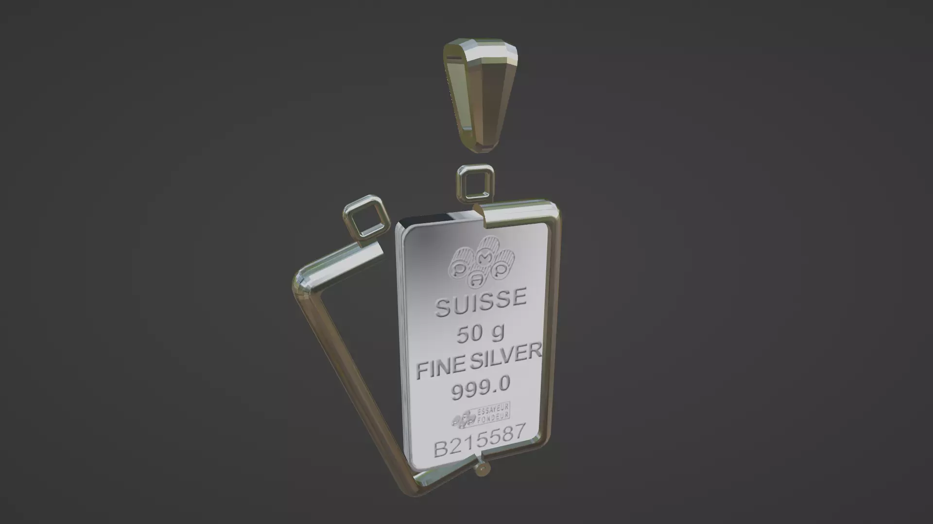 50g Credit Suisse silver pamp bar hinged frame mount w bail 3D print model