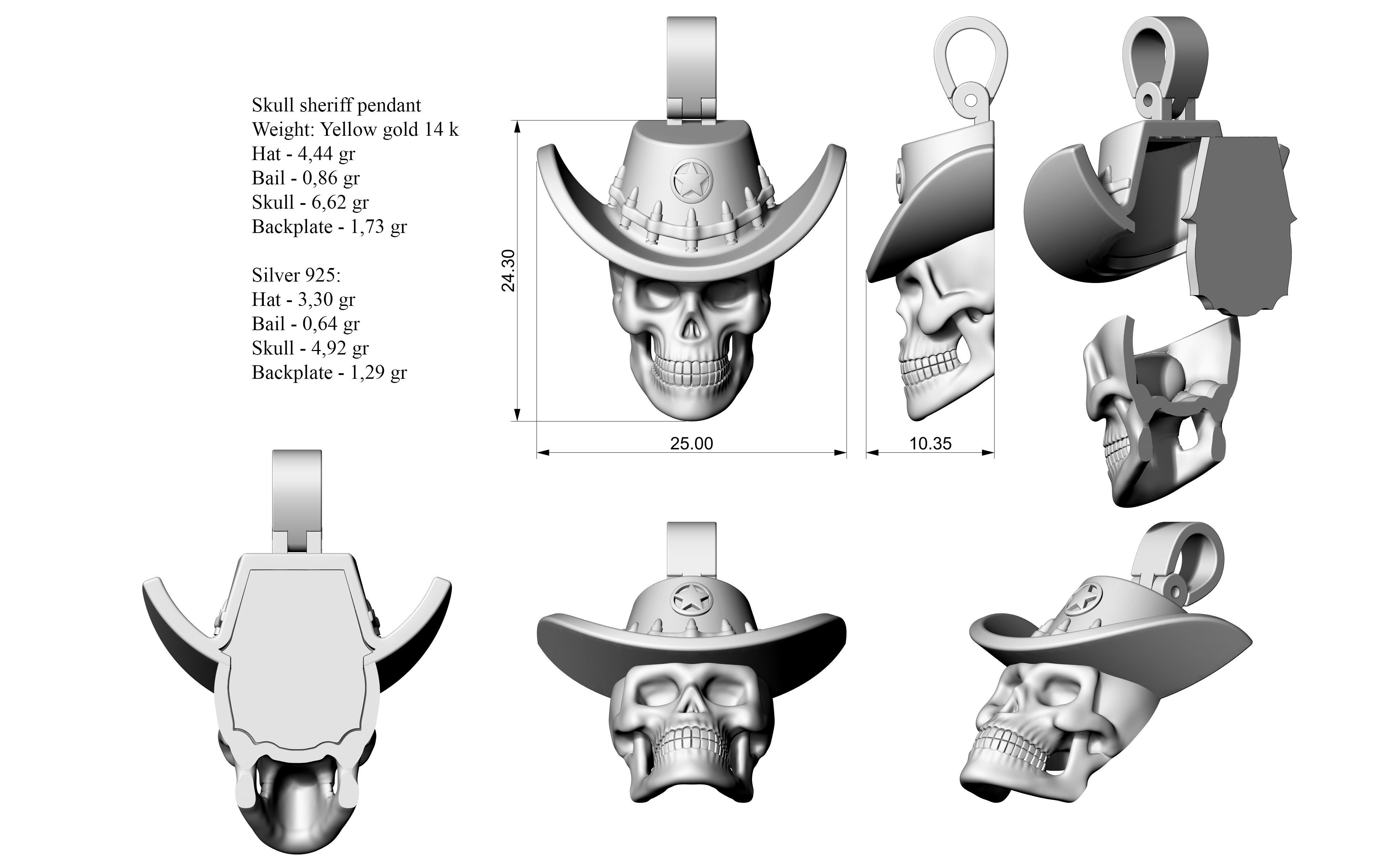 Skull sheriff pendant 3D print model_2