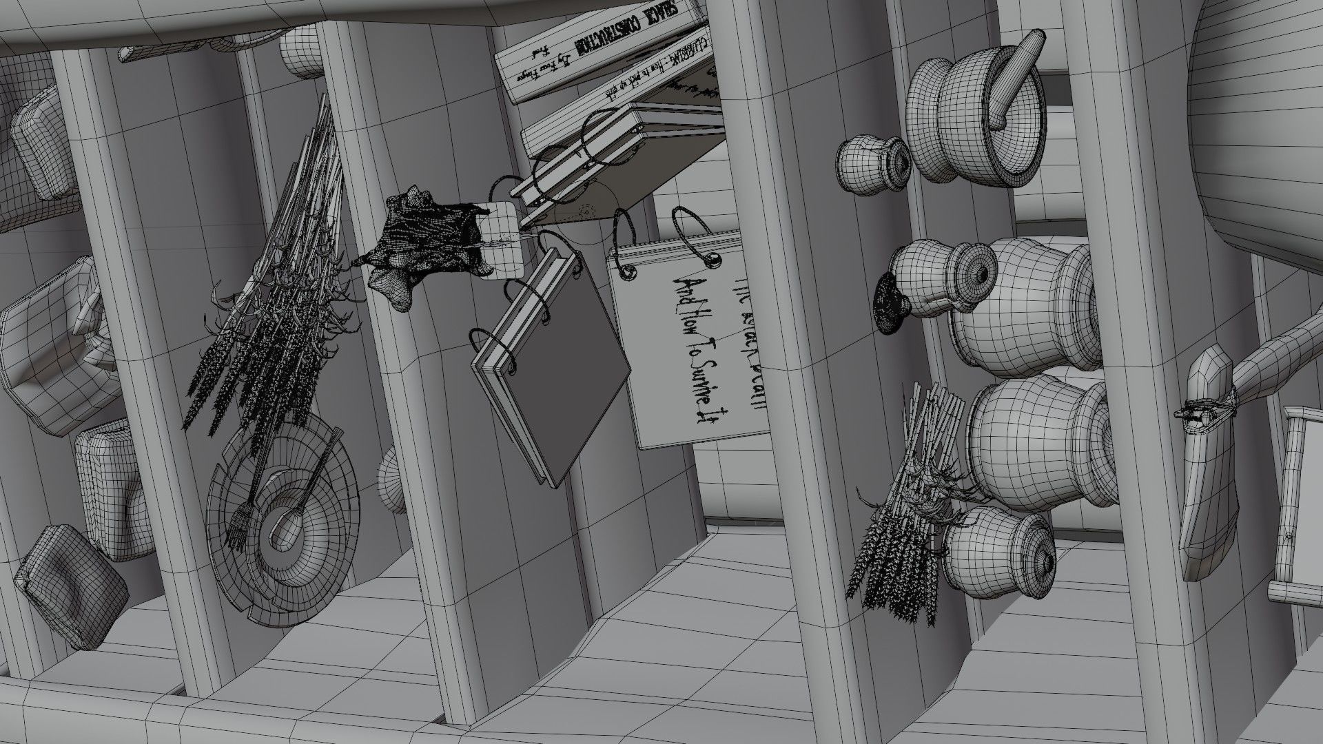 wooden primitive shelf full of dark ages items  3D model_34