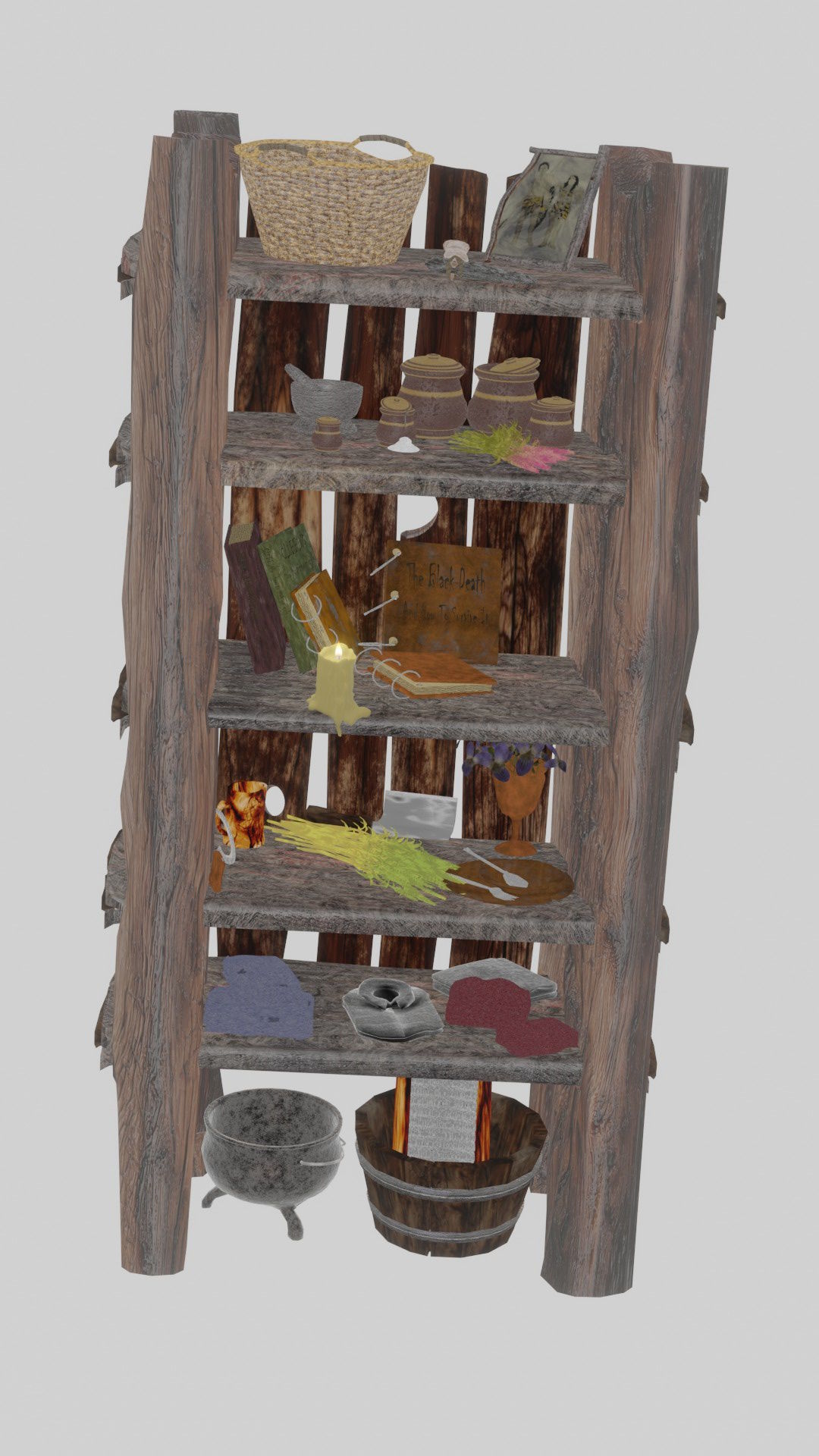 wooden primitive shelf full of dark ages items  3D model_2