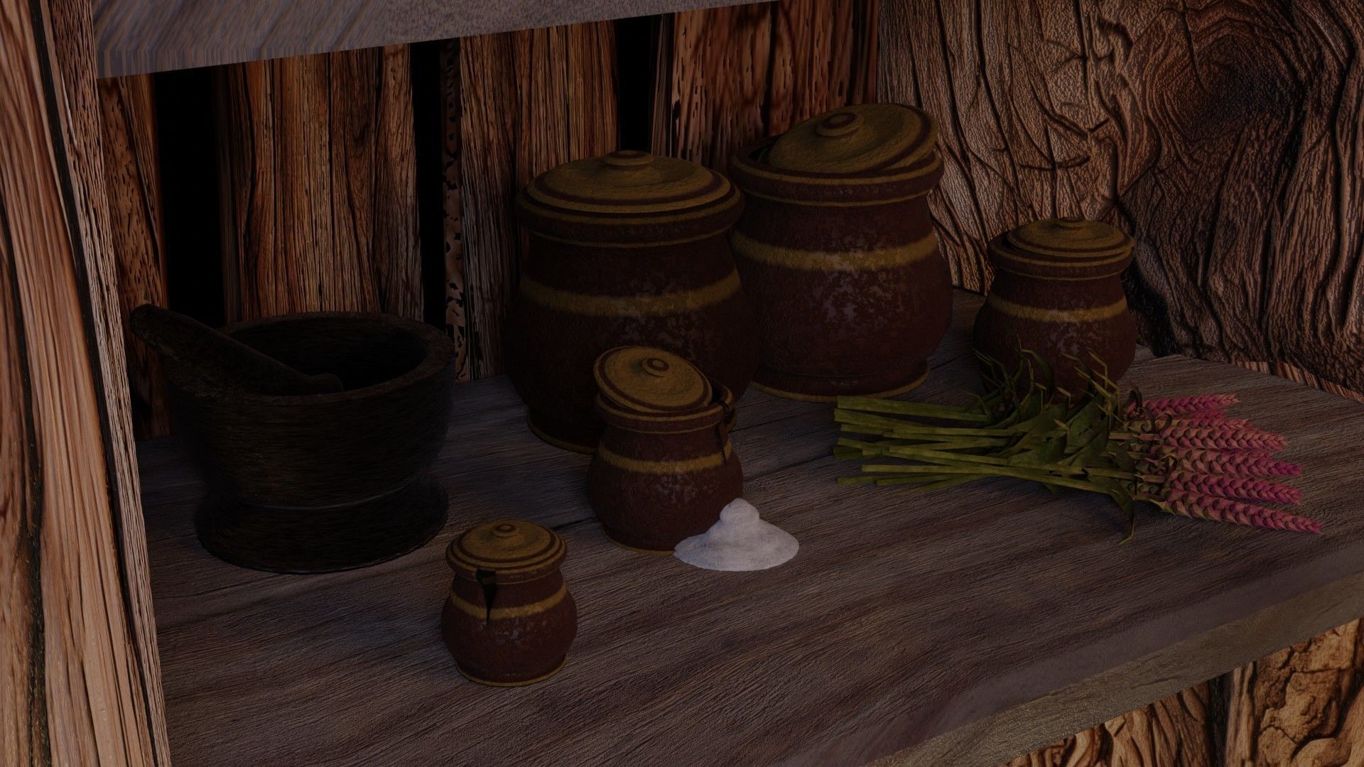 wooden primitive shelf full of dark ages items  3D model_17