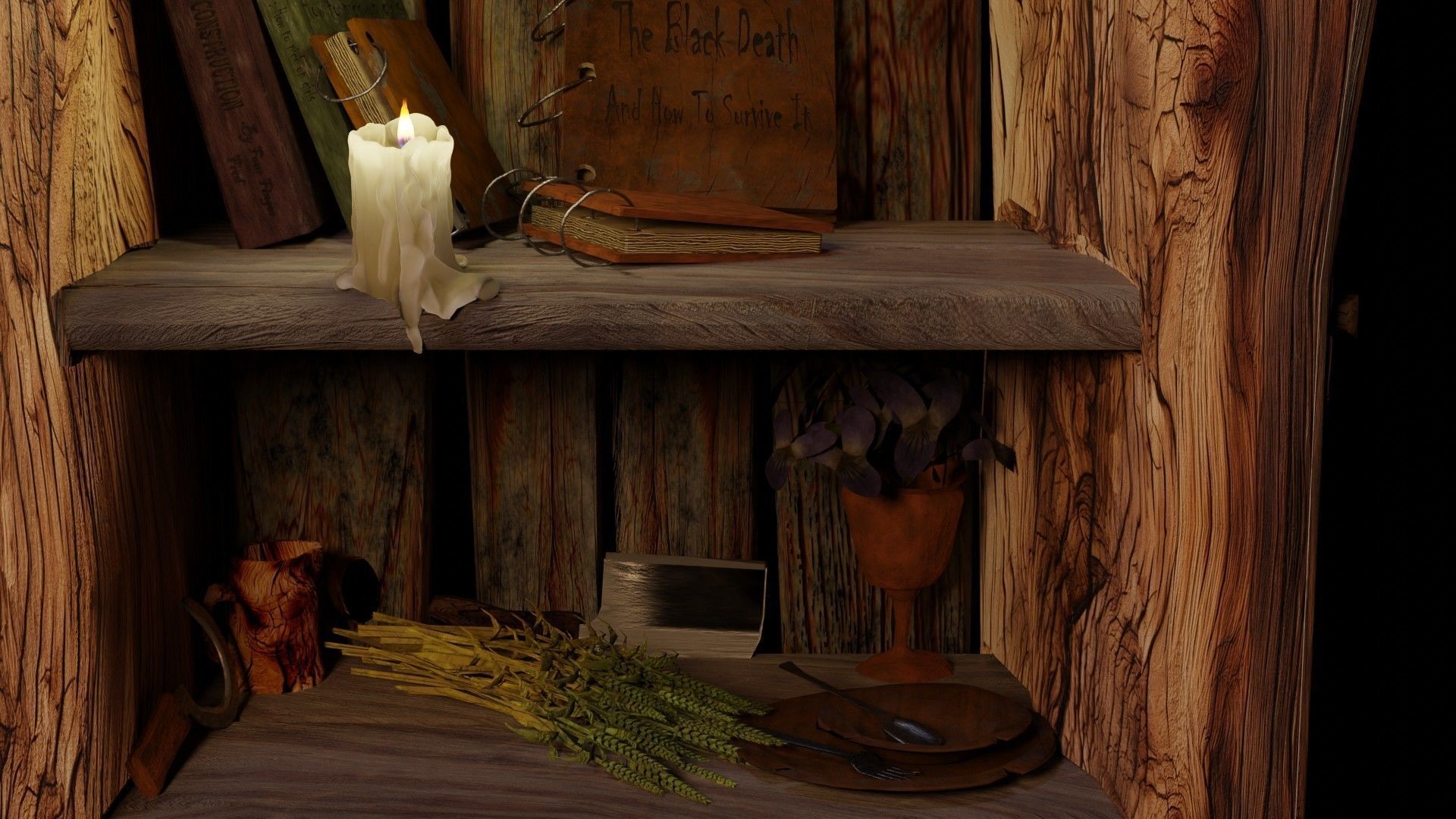 wooden primitive shelf full of dark ages items  3D model_11