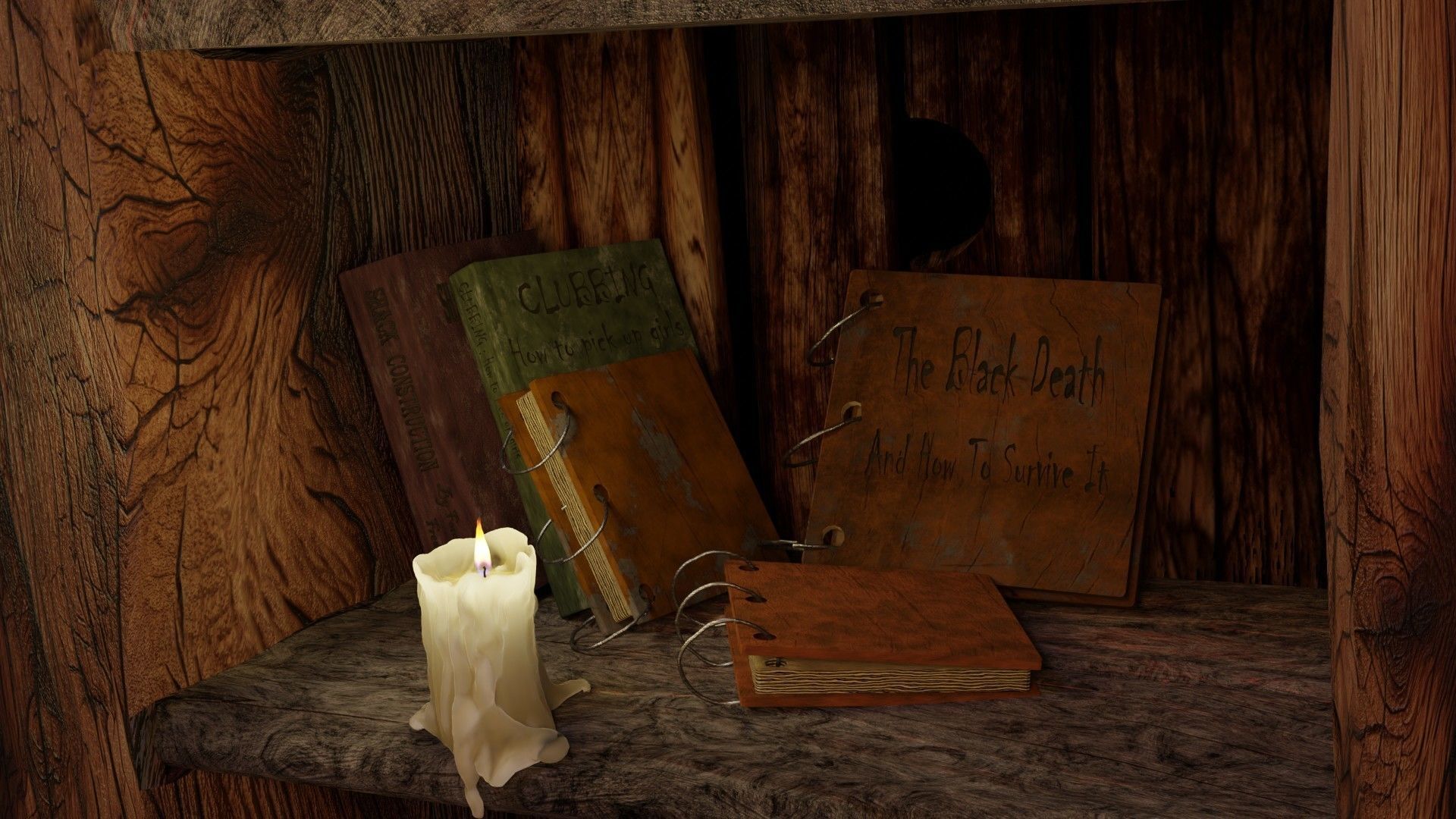 wooden primitive shelf full of dark ages items  3D model_14