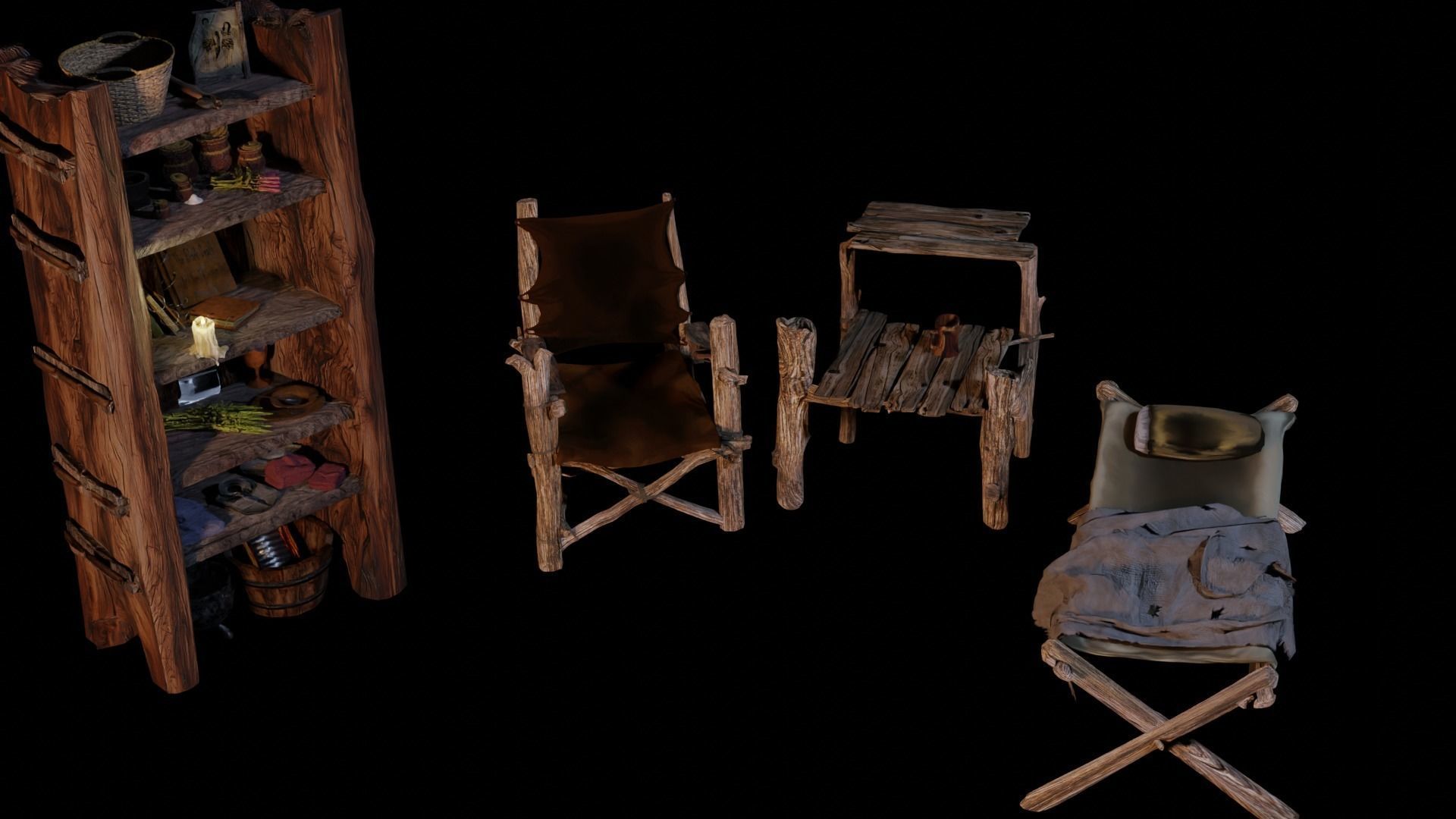 wooden primitive shelf full of dark ages items  3D model_40
