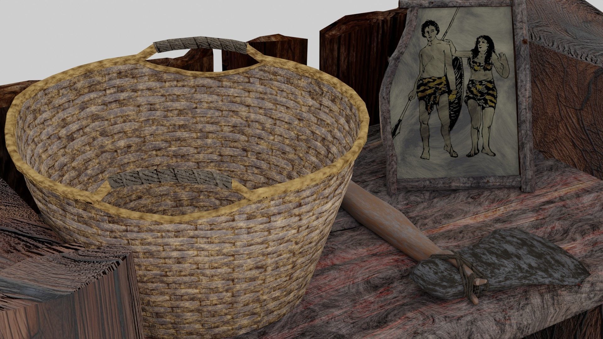 wooden primitive shelf full of dark ages items  3D model_6
