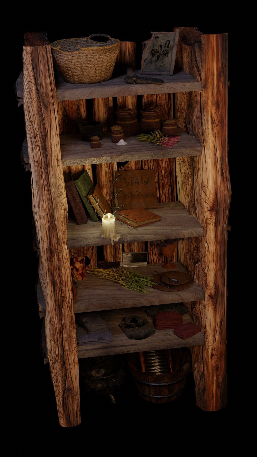 wooden primitive shelf full of dark ages items  3D model_22