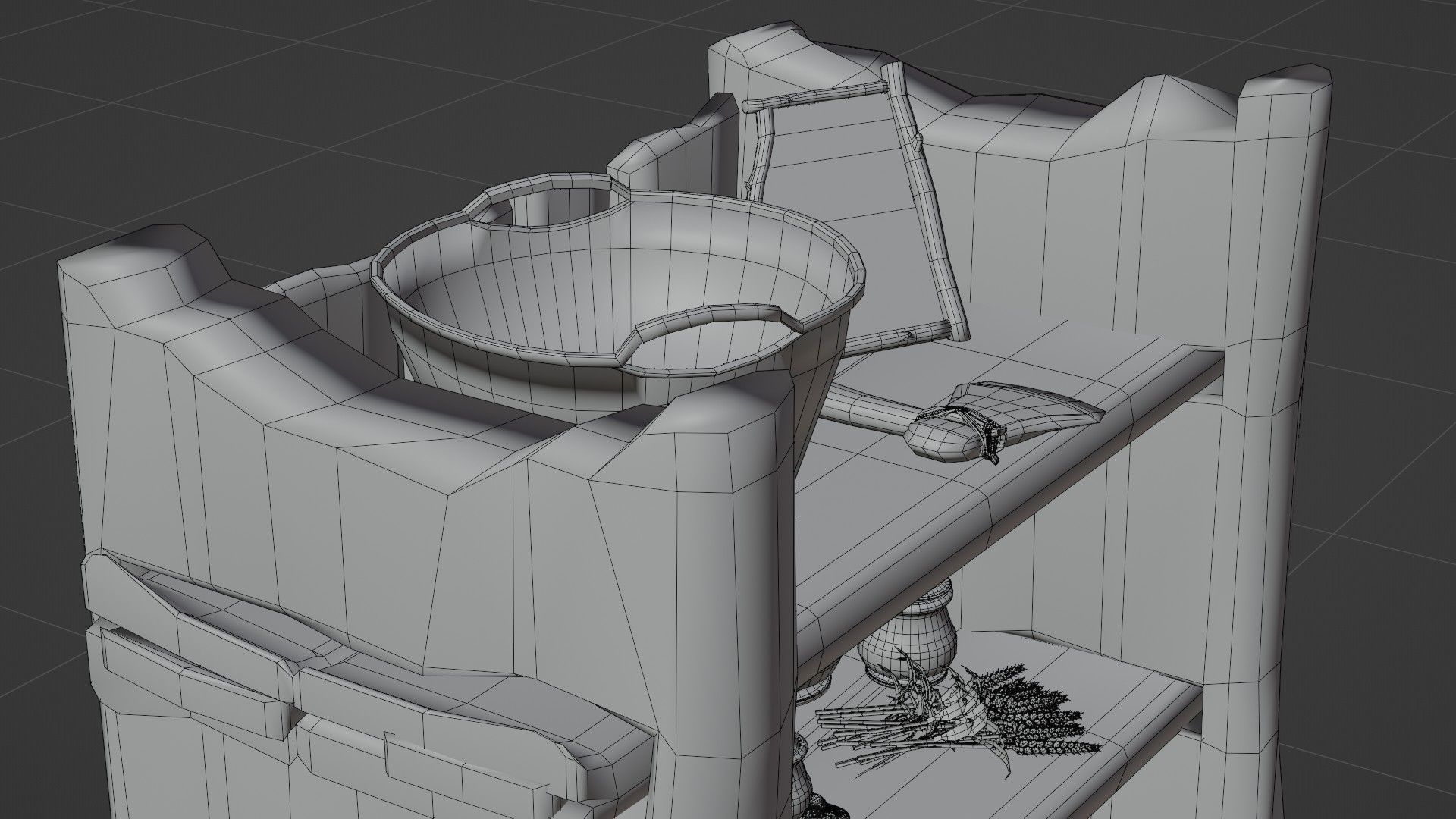 wooden primitive shelf full of dark ages items  3D model_30