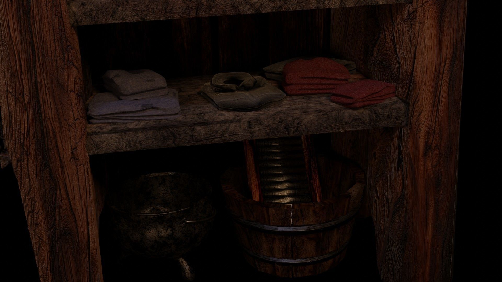 wooden primitive shelf full of dark ages items  3D model_23