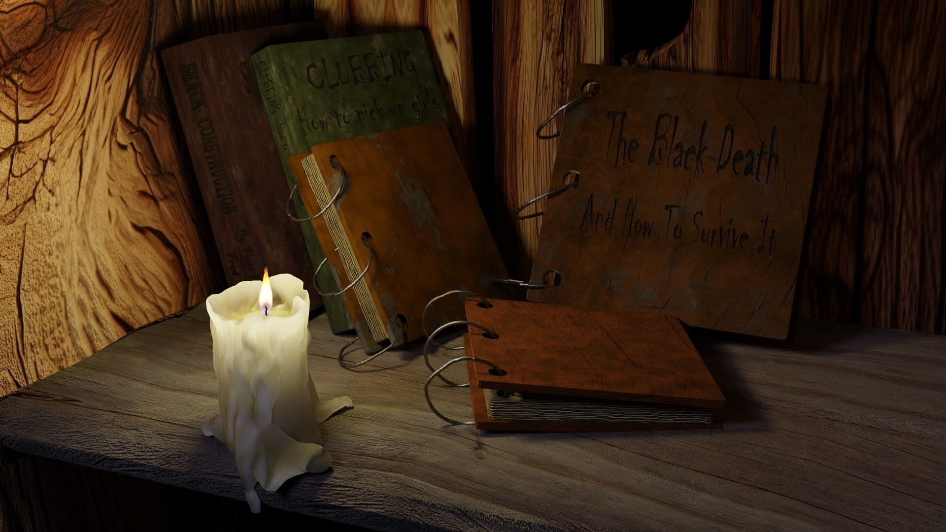 wooden primitive shelf full of dark ages items  3D model_15