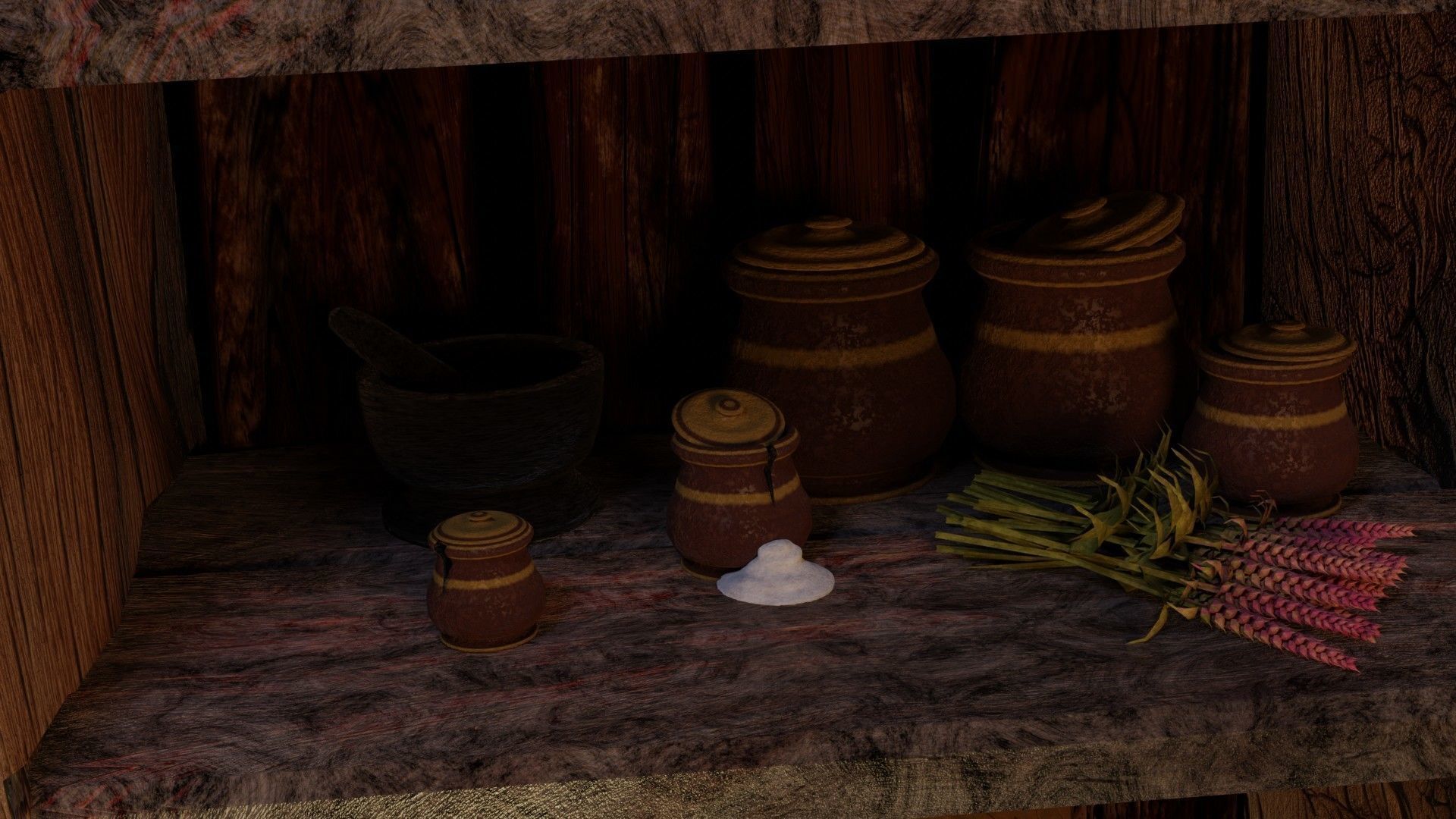 wooden primitive shelf full of dark ages items  3D model_18