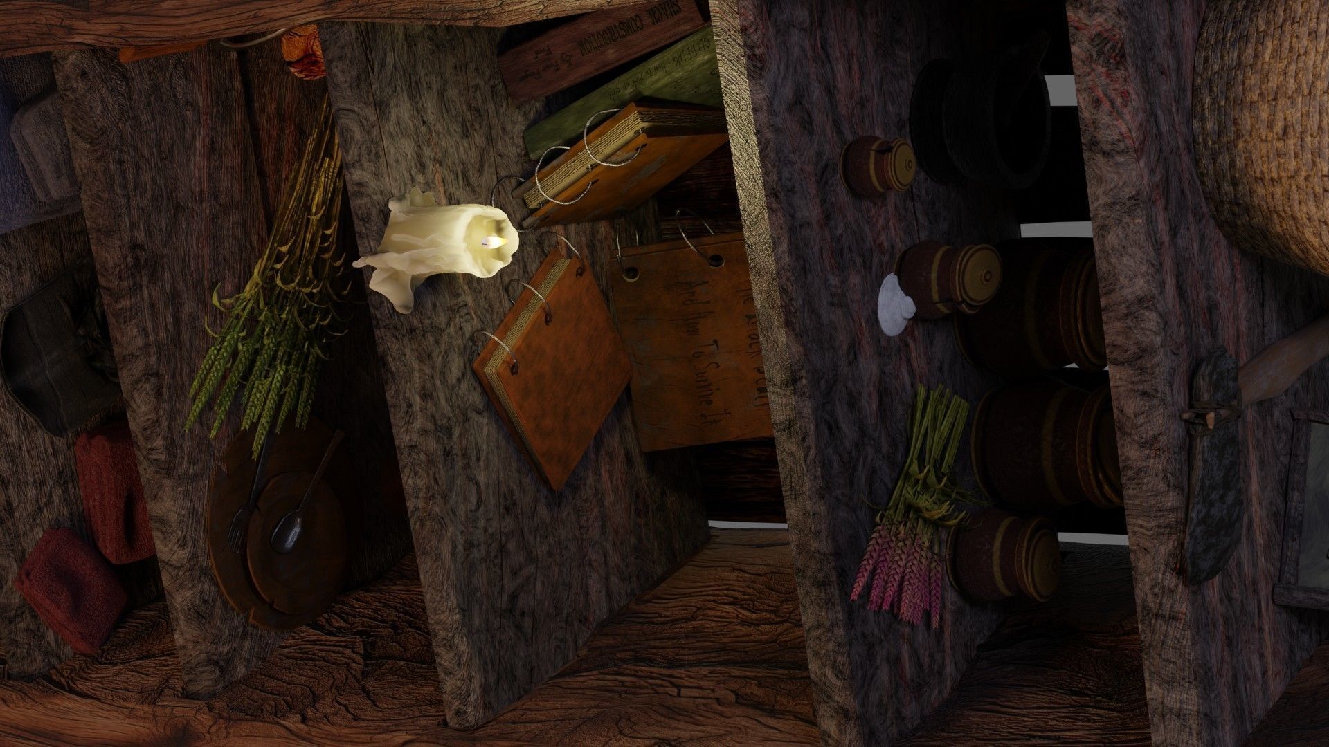 wooden primitive shelf full of dark ages items  3D model_33