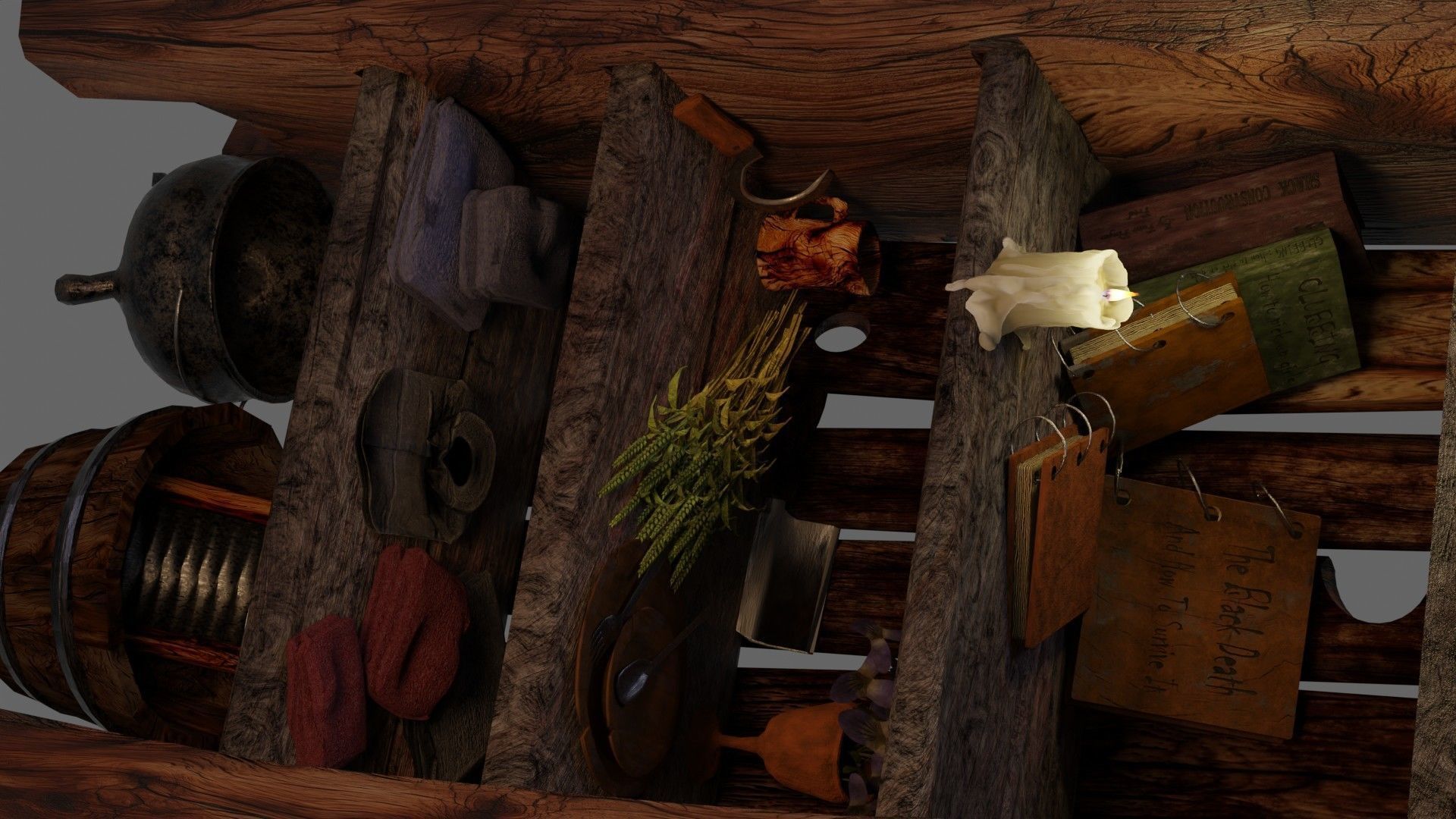 wooden primitive shelf full of dark ages items  3D model_35