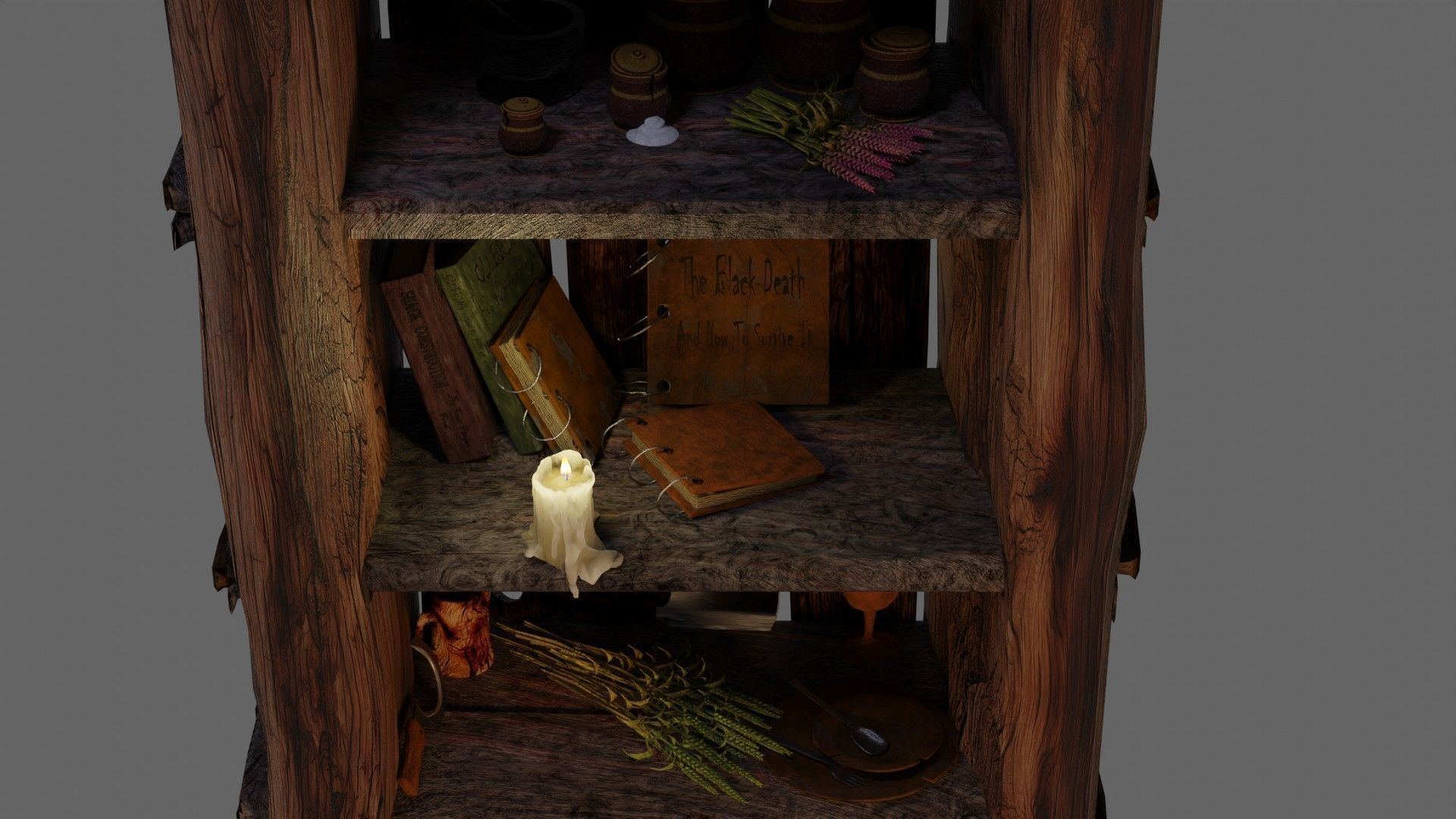wooden primitive shelf full of dark ages items  3D model_28