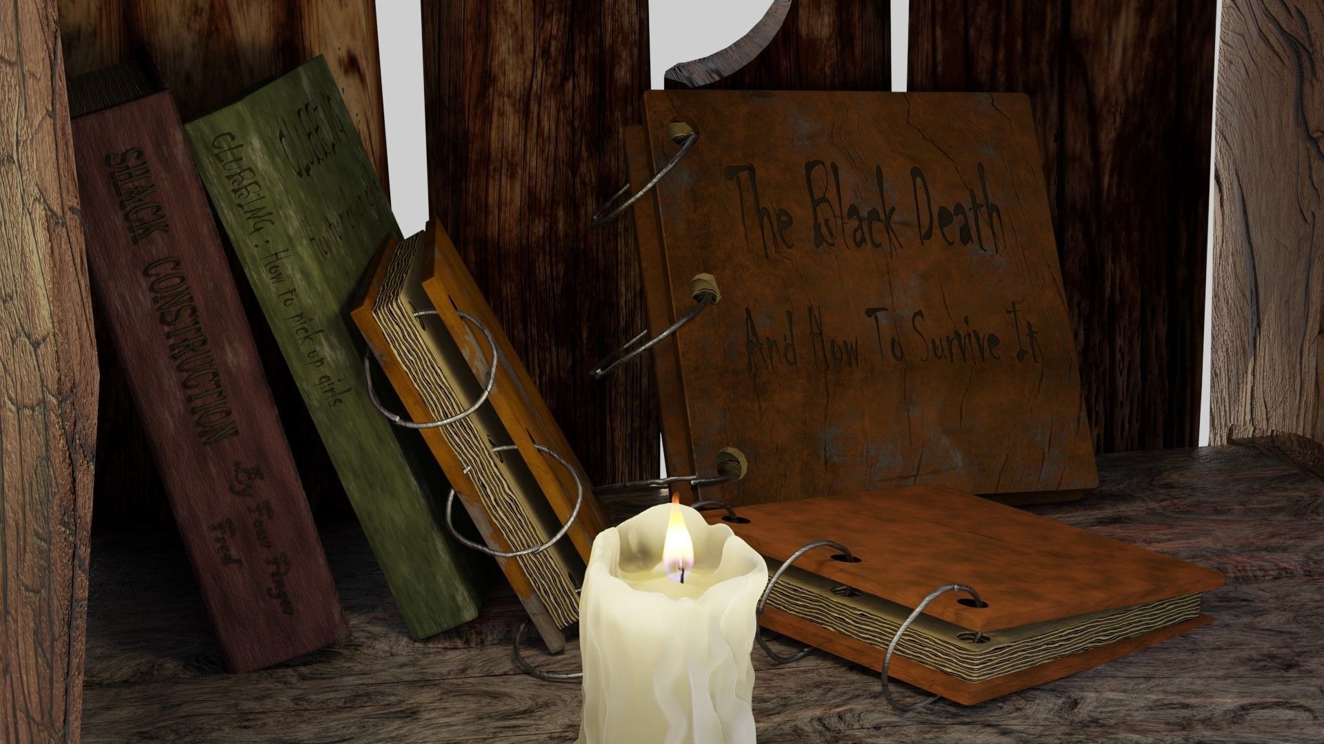 wooden primitive shelf full of dark ages items  3D model_4