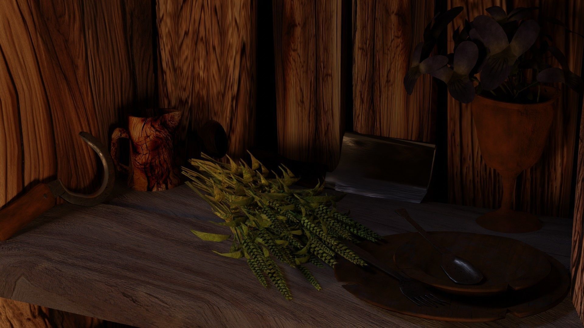 wooden primitive shelf full of dark ages items  3D model_12