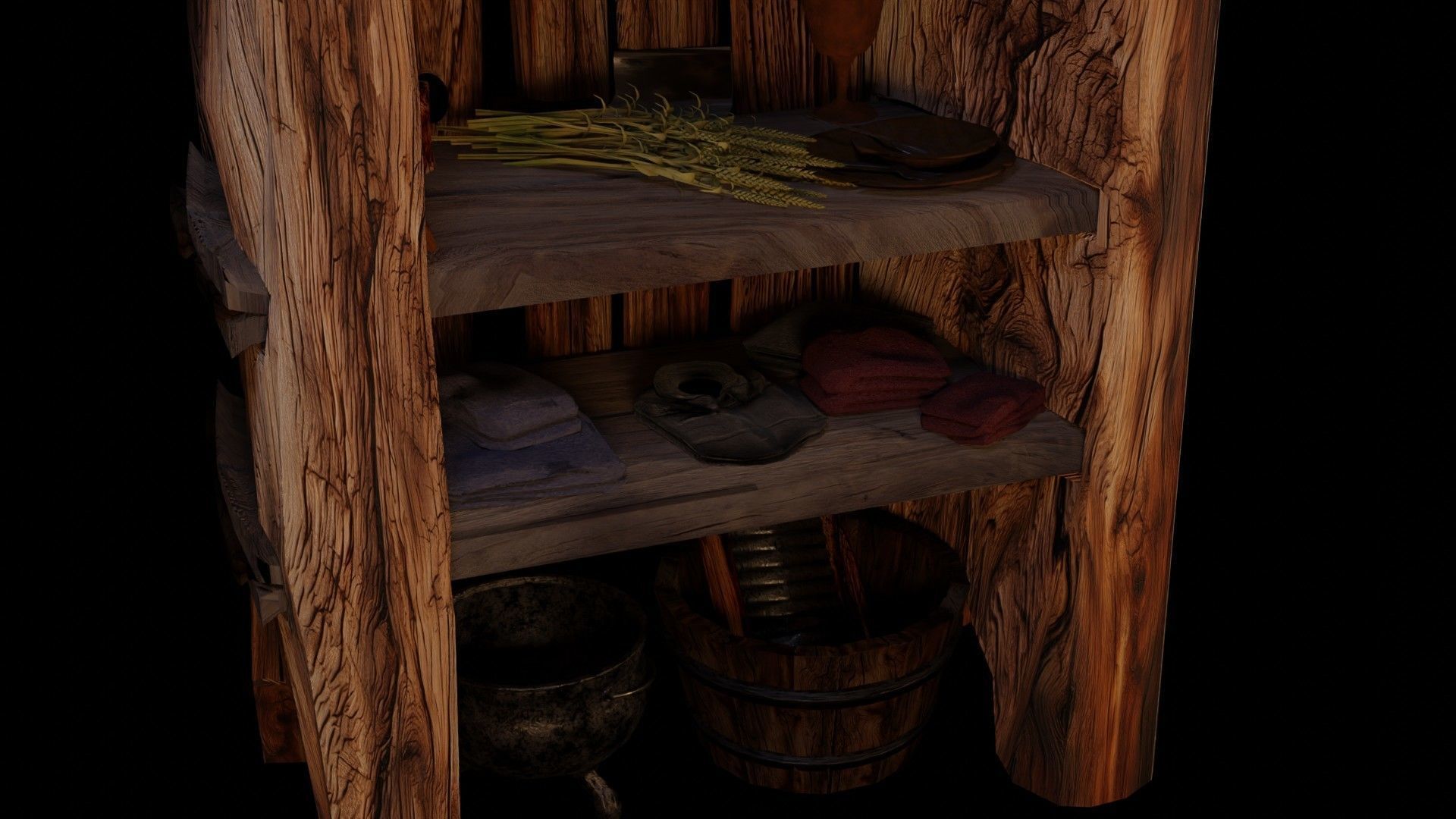 wooden primitive shelf full of dark ages items  3D model_10
