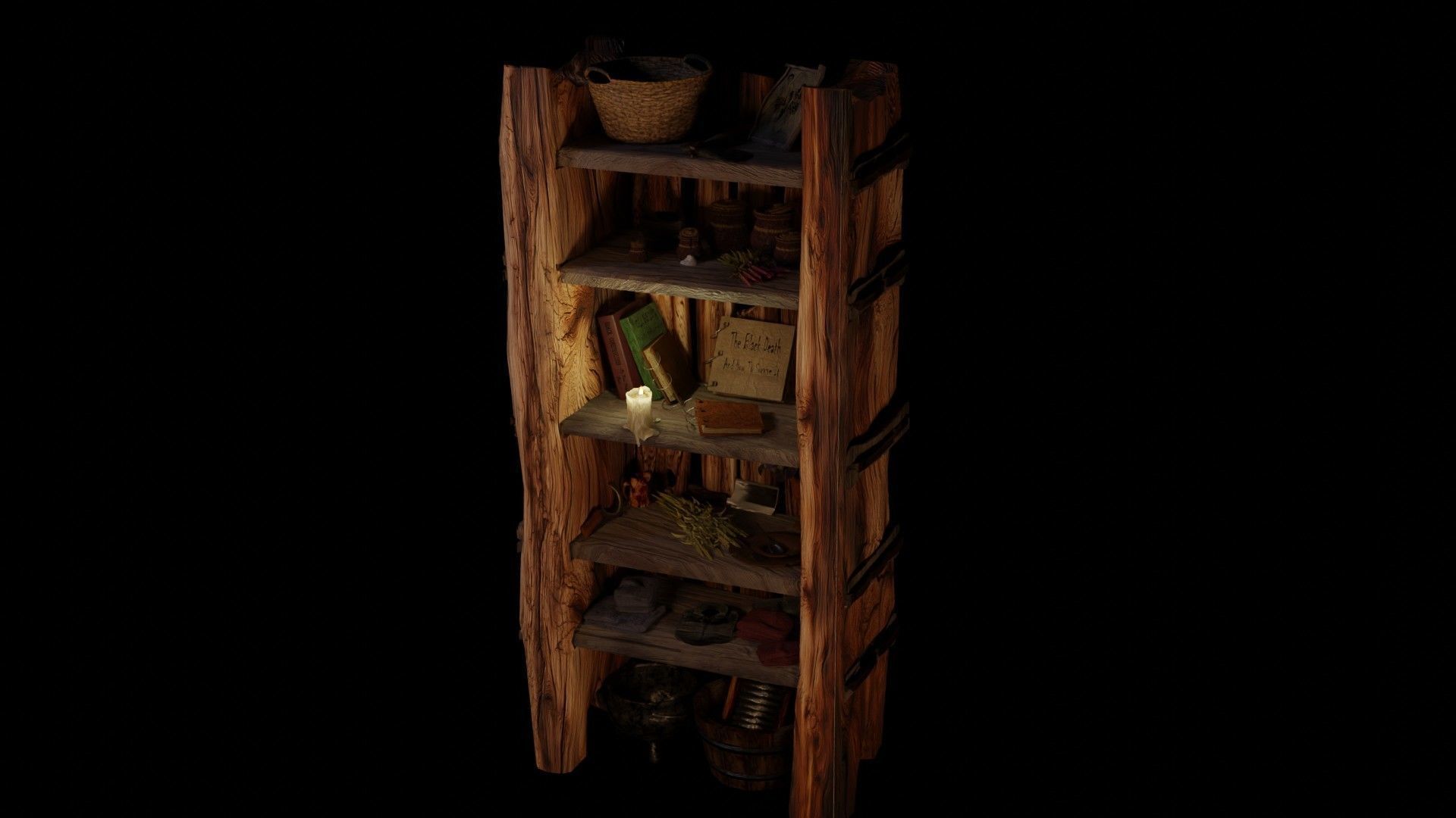 wooden primitive shelf full of dark ages items  3D model_3