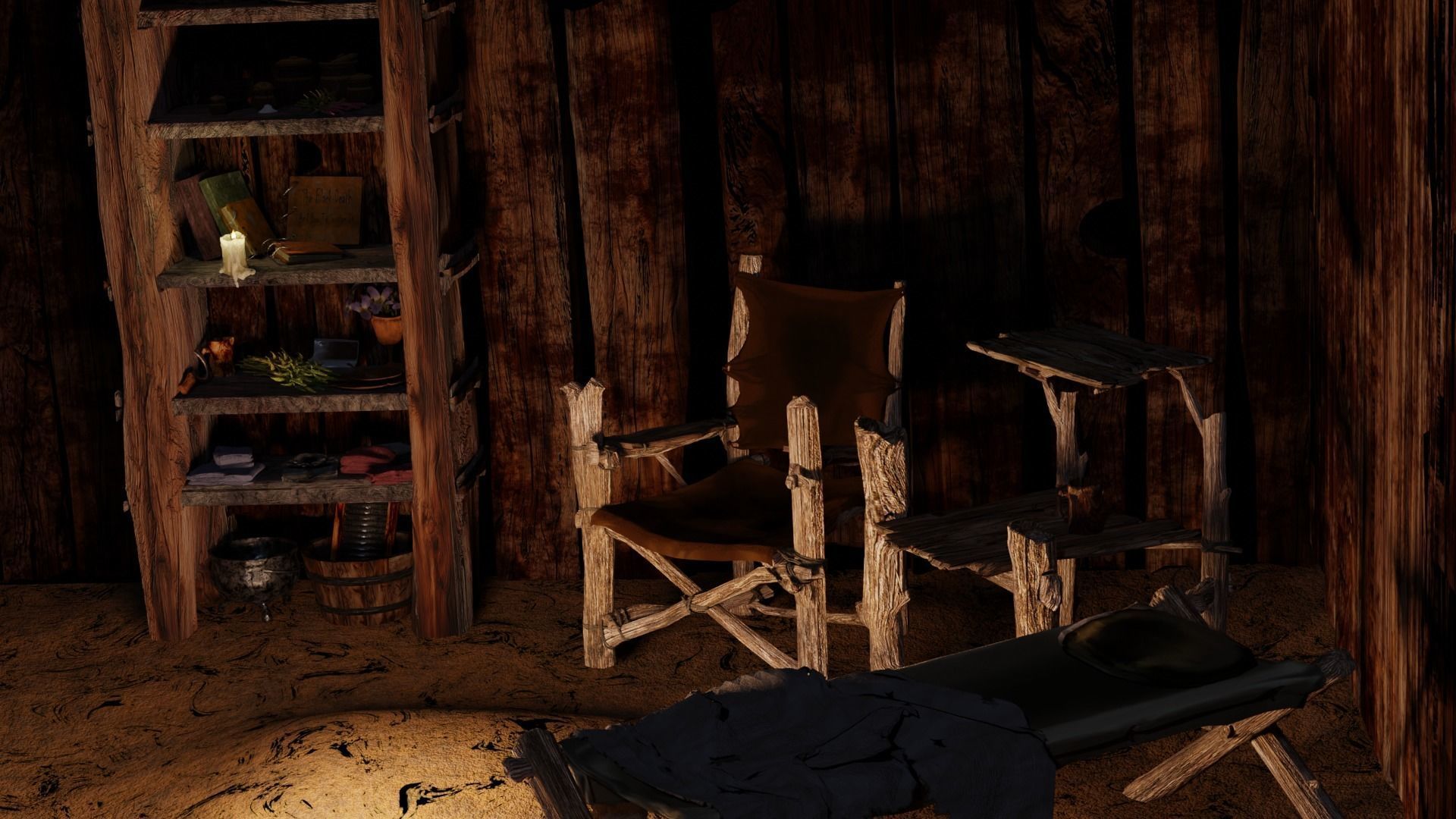 wooden primitive shelf full of dark ages items  3D model_38