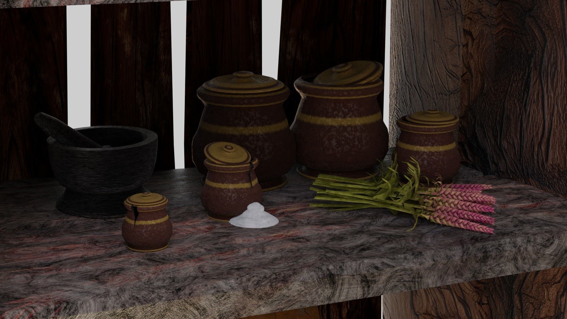 wooden primitive shelf full of dark ages items  3D model_5